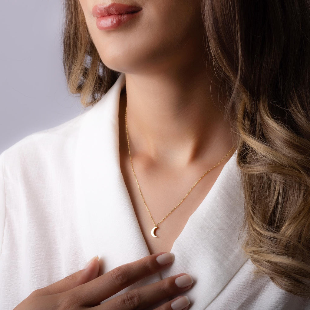 14K Solid Gold Moon Necklace - Dainty Crescent Pendant
