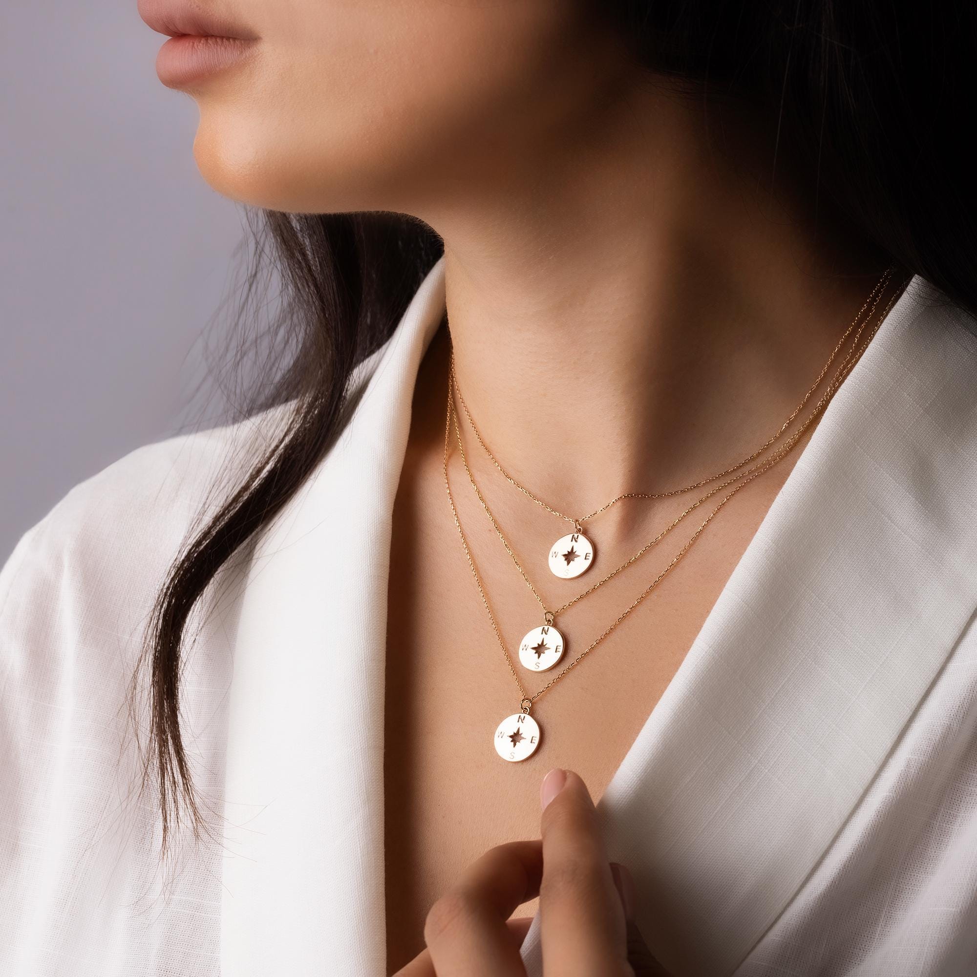 14K Solid Gold Compass Necklace - North Star Coin Necklace