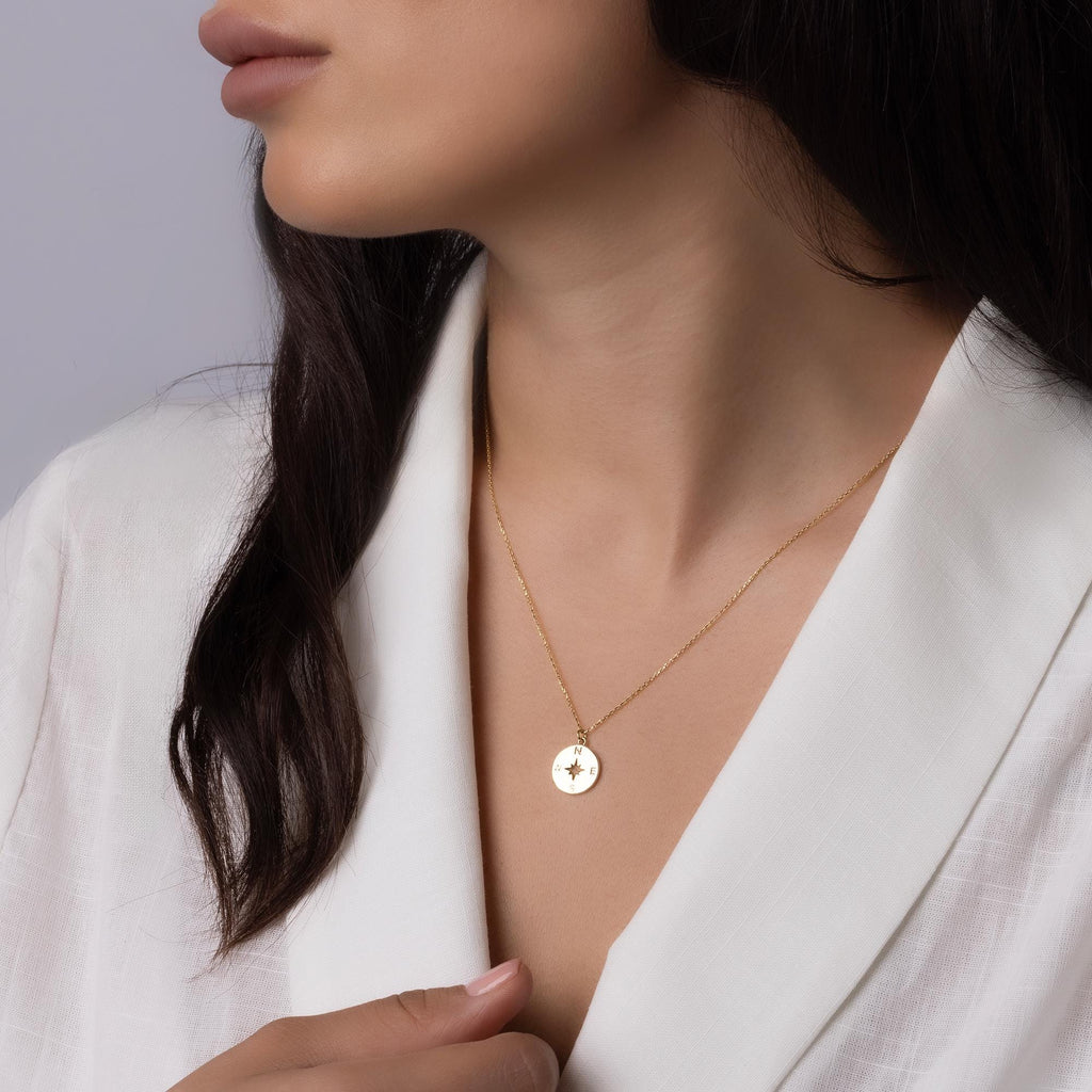 14K Solid Gold Compass Necklace - North Star Coin Necklace