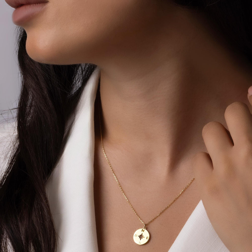 14K Solid Gold Compass Necklace - North Star Coin Necklace