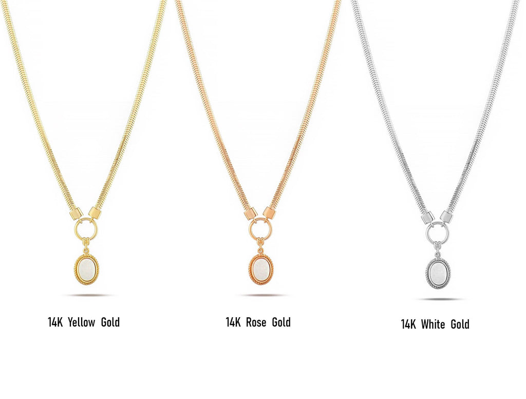 14K Solid Gold Opal Necklace – Dainty 12mm Oval Gemstone Pendant with Circle Charm