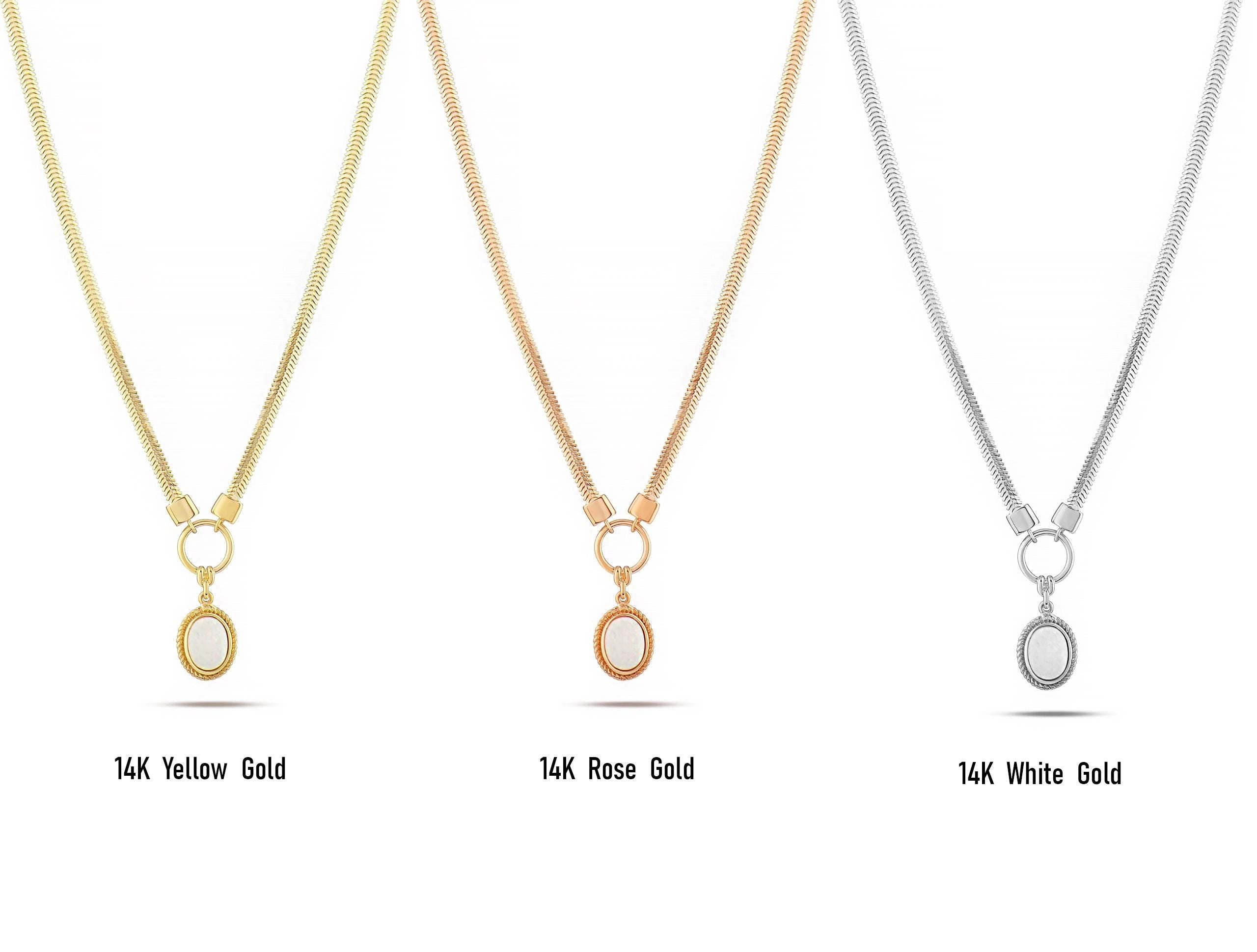 14K Solid Gold Opal Necklace – Dainty 12mm Oval Gemstone Pendant with Circle Charm