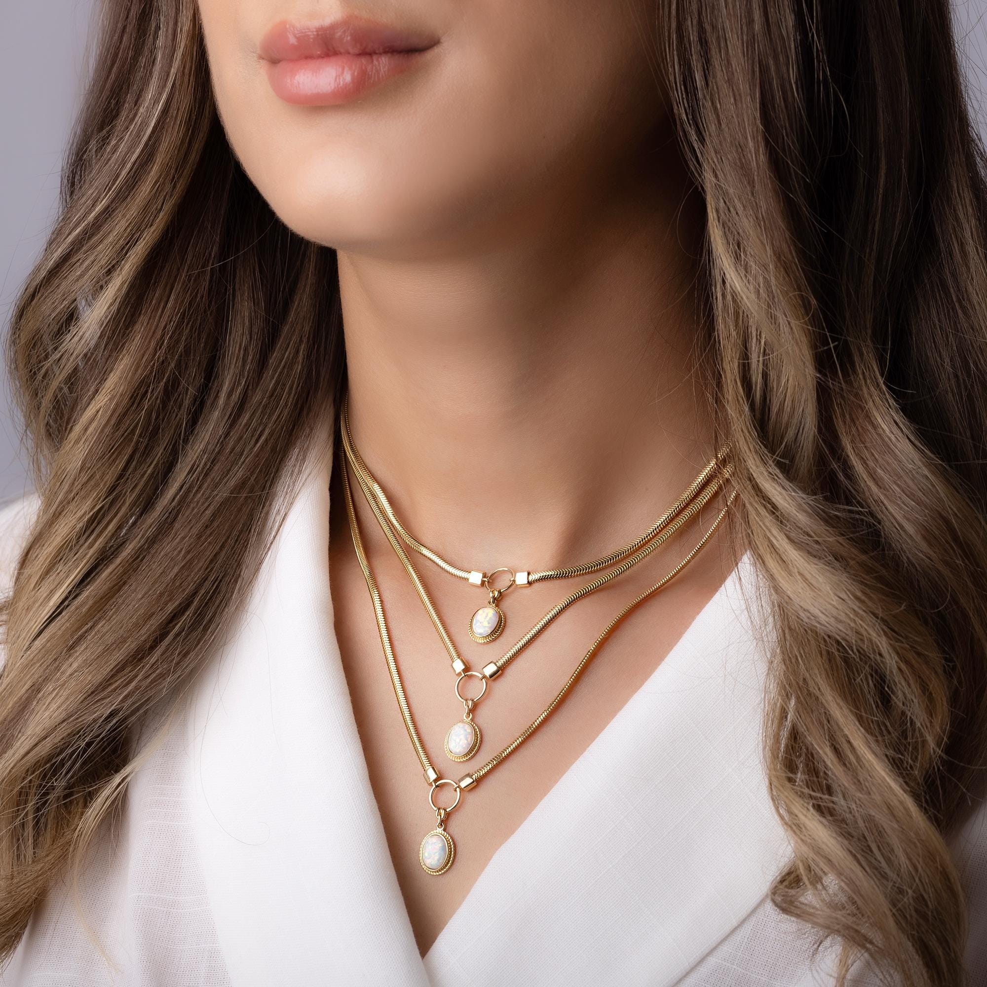 14K Solid Gold Opal Necklace – Dainty 12mm Oval Gemstone Pendant with Circle Charm