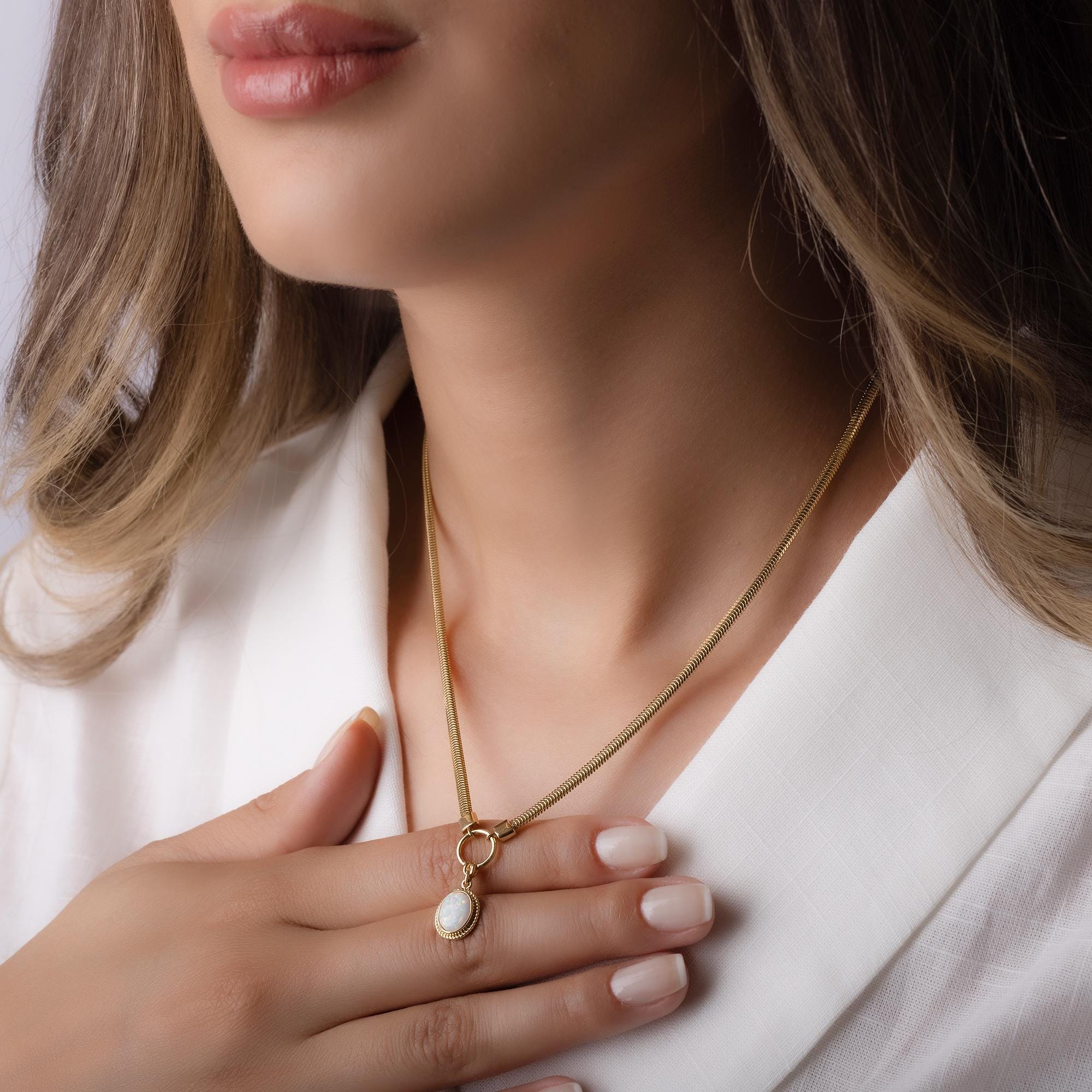 14K Solid Gold Opal Necklace – Dainty 12mm Oval Gemstone Pendant with Circle Charm