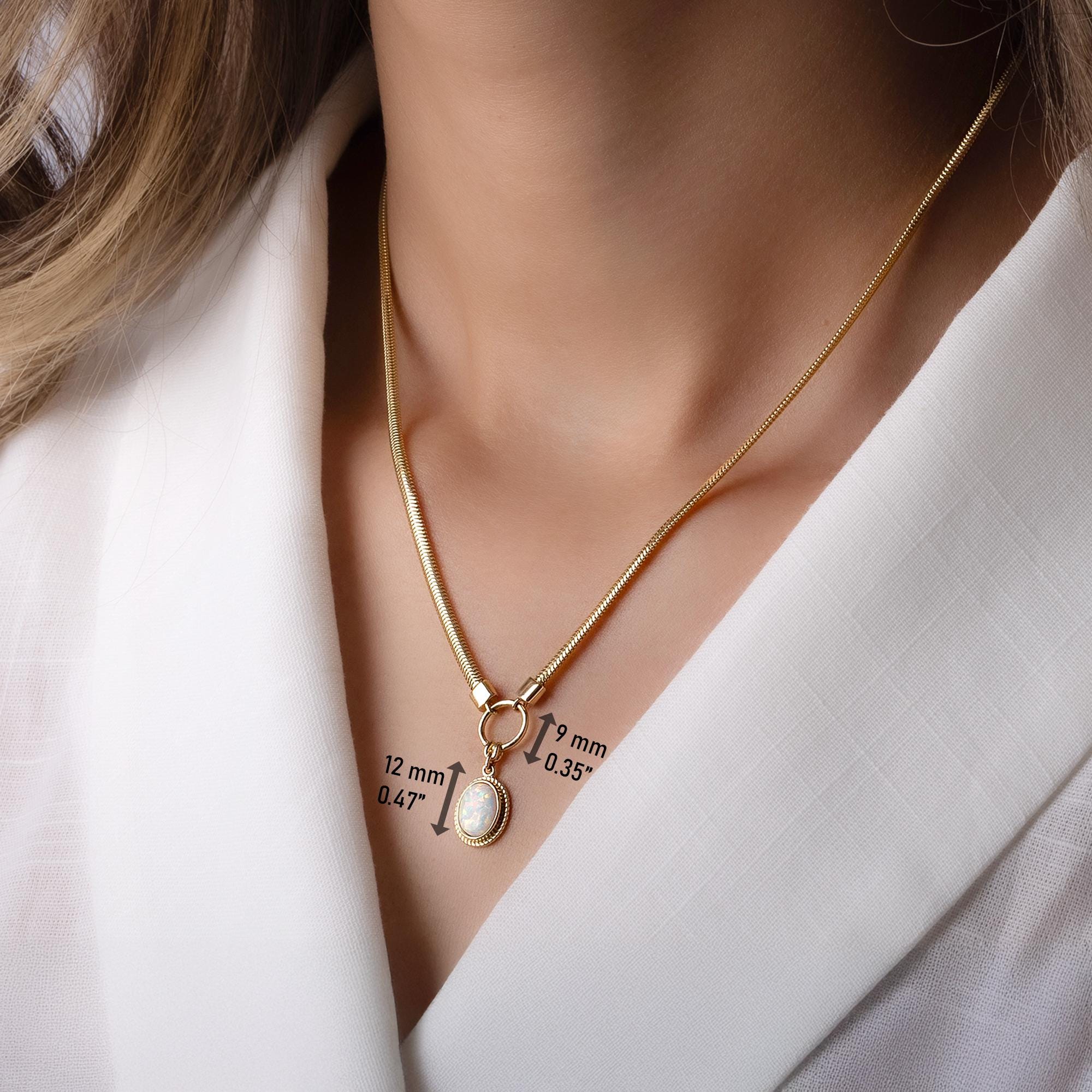 14K Solid Gold Opal Necklace – Dainty 12mm Oval Gemstone Pendant with Circle Charm