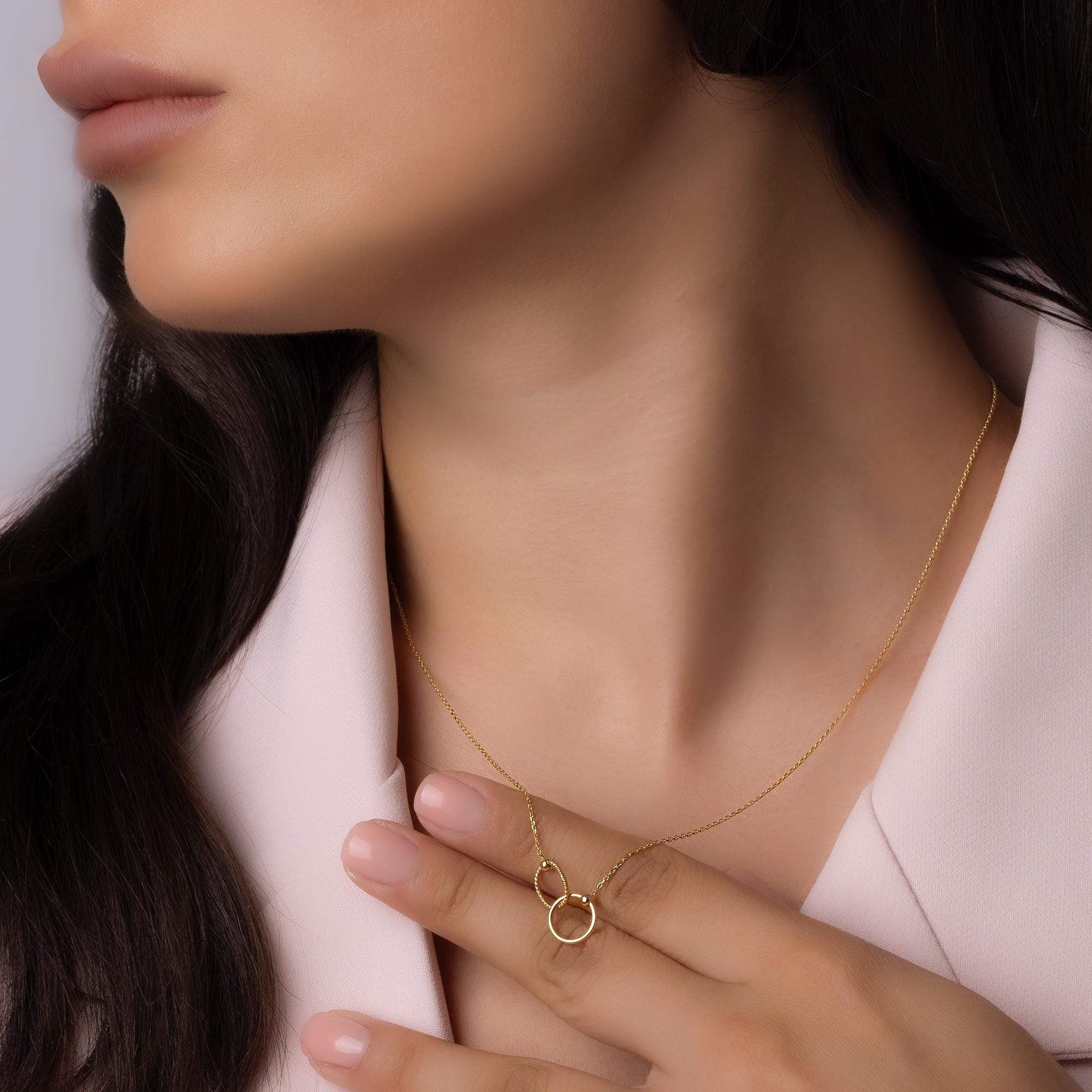 14K Solid Gold Double Circle Necklace - Real Gold Infinity Pendant