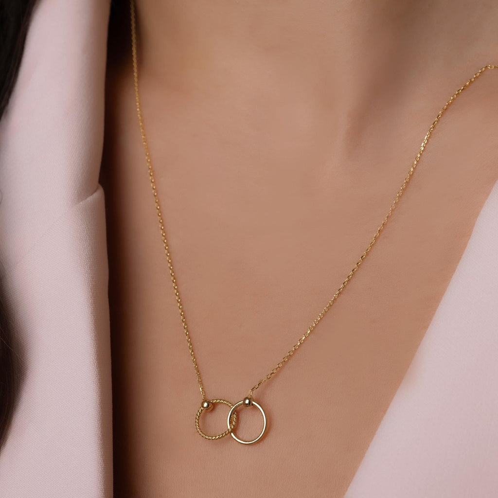 14K Solid Gold Double Circle Necklace - Real Gold Infinity Pendant