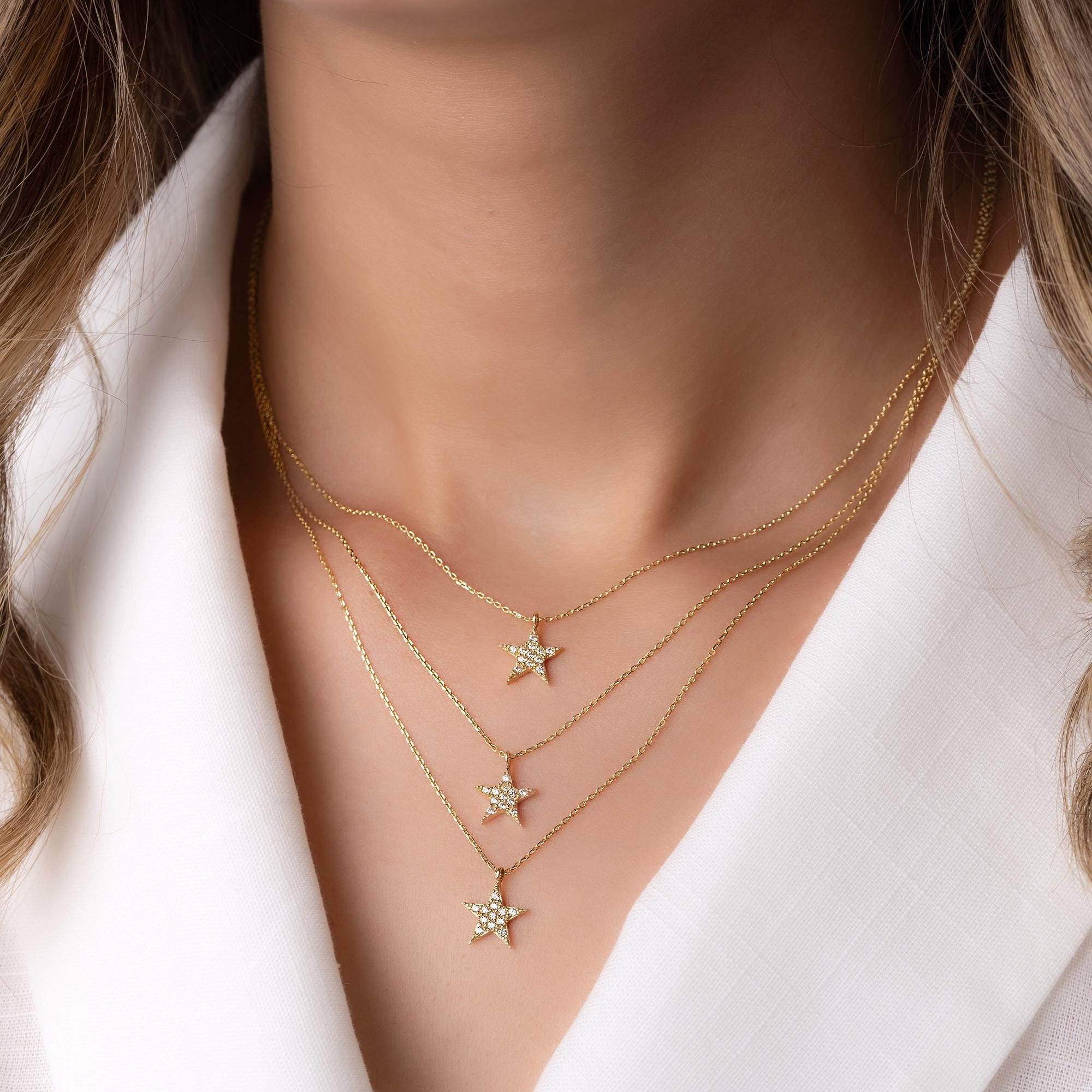 14K Solid Gold Star Necklace - Dainty Diamond Star Pendant