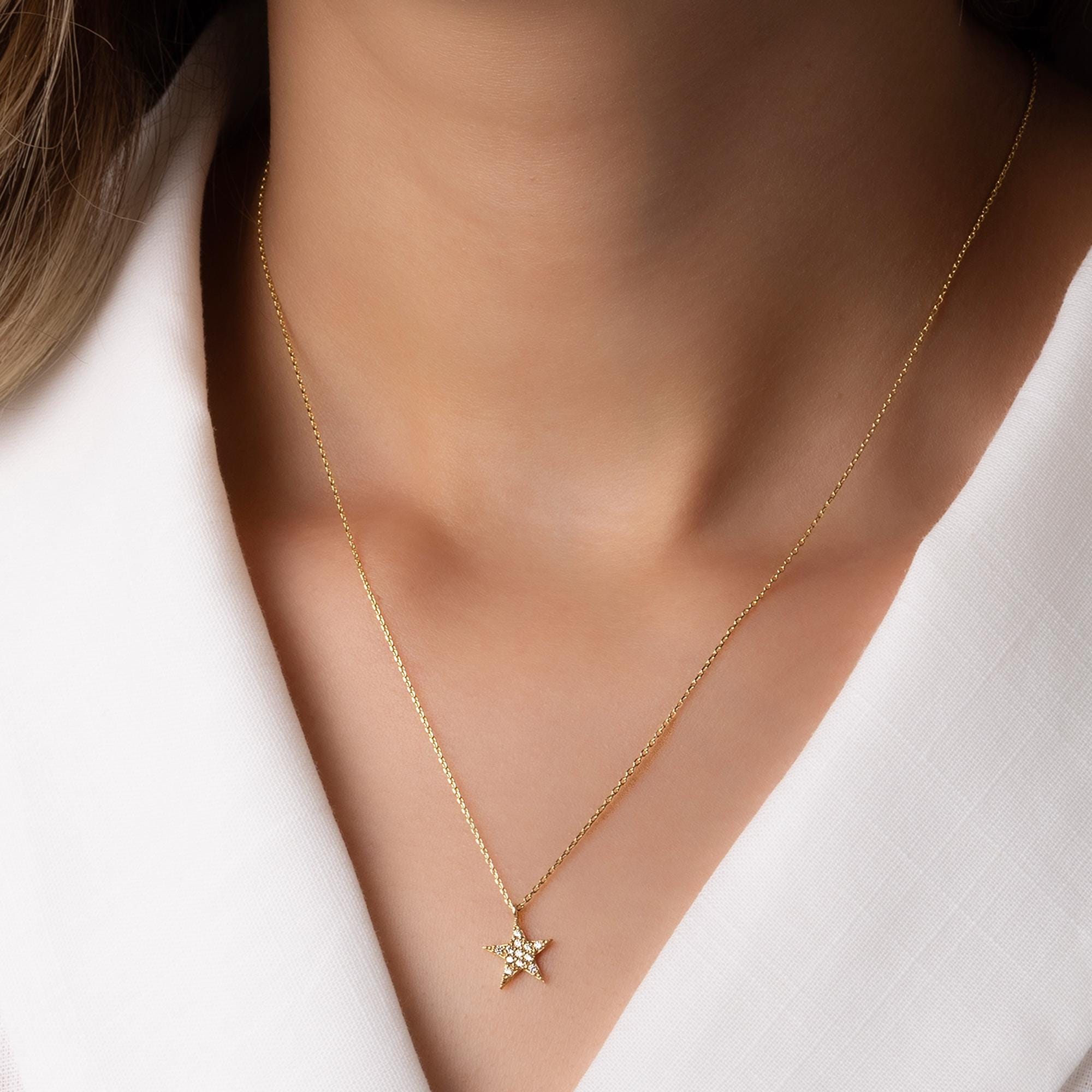 14K Solid Gold Star Necklace - Dainty Diamond Star Pendant