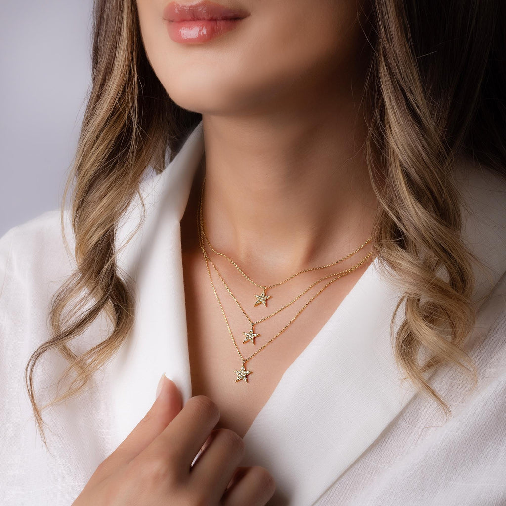 14K Solid Gold Star Necklace - Dainty Diamond Star Pendant