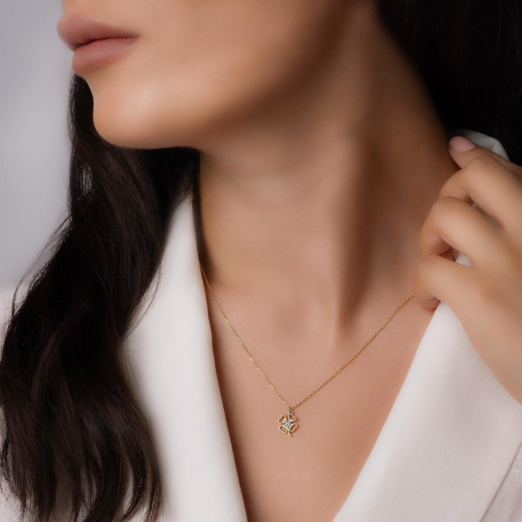 14K Solid Gold Four Leaf Clover Necklace – Dainty Lucky Charm Pendant