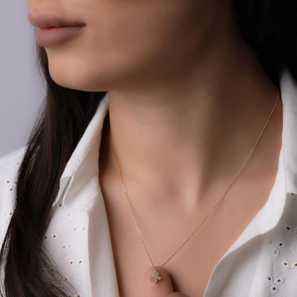 14K Solid Gold Butterfly Necklace - Tiny Diamond Butterfly Pendant