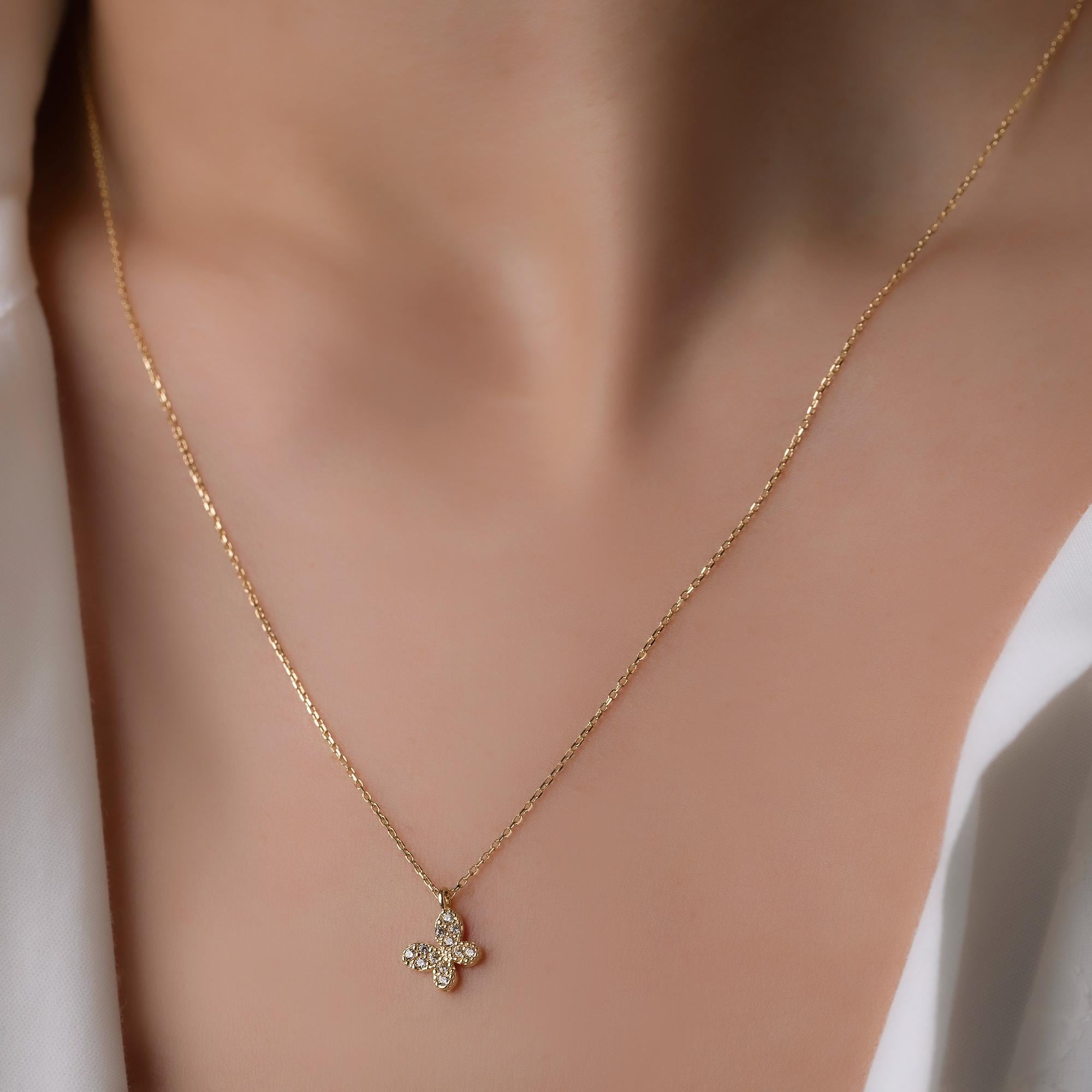 14K Solid Gold Butterfly Necklace - Tiny Diamond Butterfly Pendant