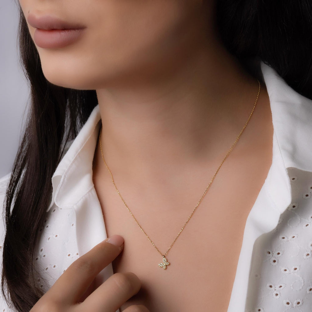 14K Solid Gold Butterfly Necklace - Tiny Diamond Butterfly Pendant