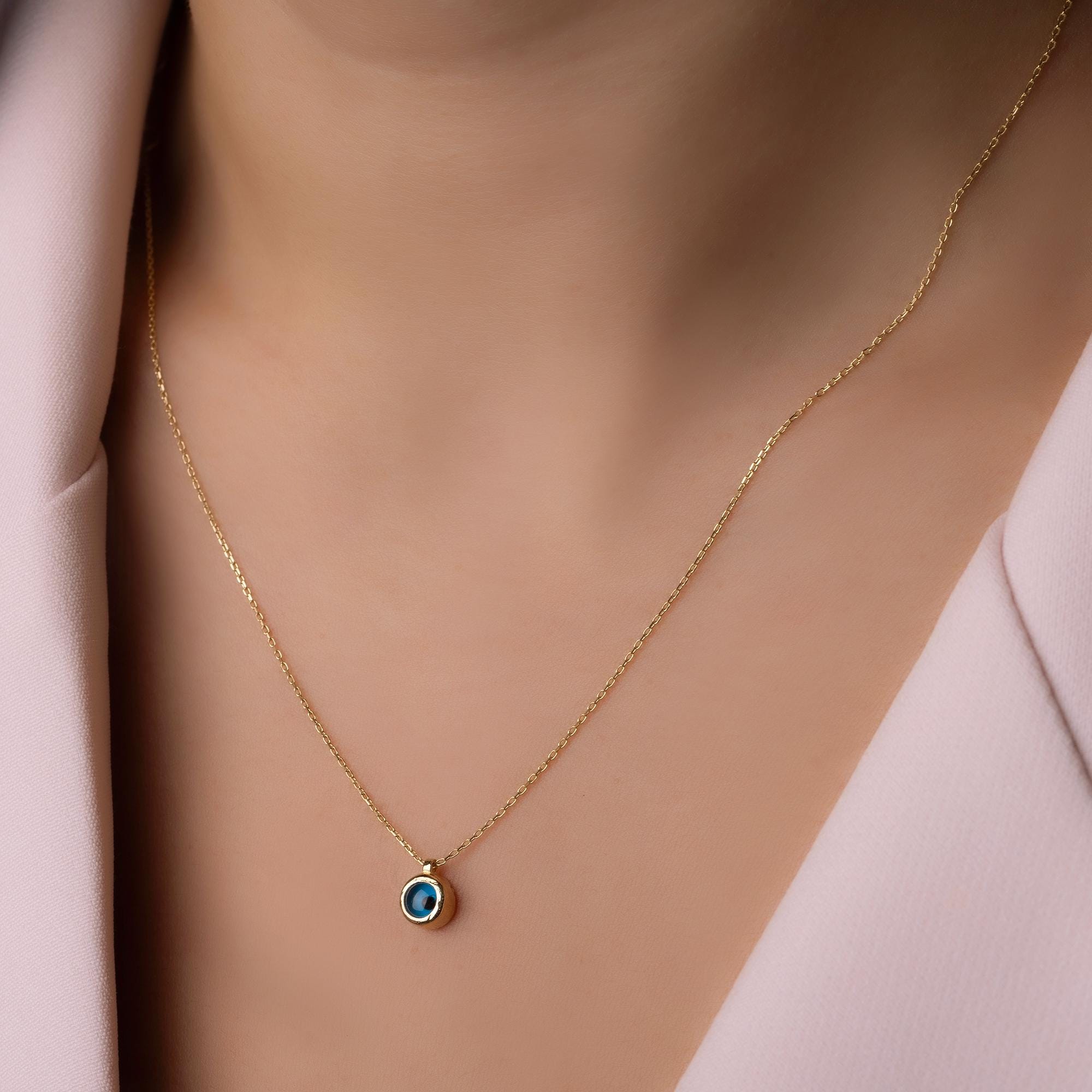 14K Solid Gold Blue Stone Necklace - Dainty Sapphire Pendant