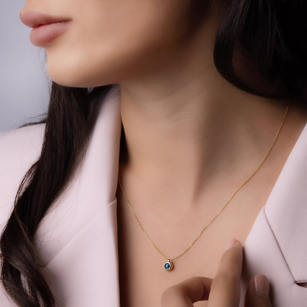 14K Solid Gold Blue Stone Necklace - Dainty Sapphire Pendant