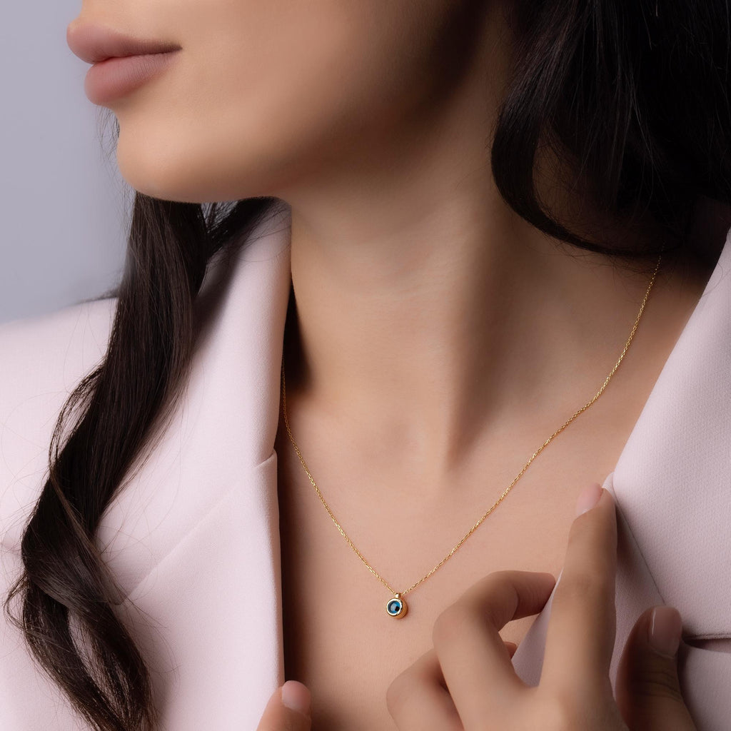 14K Solid Gold Blue Stone Necklace - Dainty Sapphire Pendant