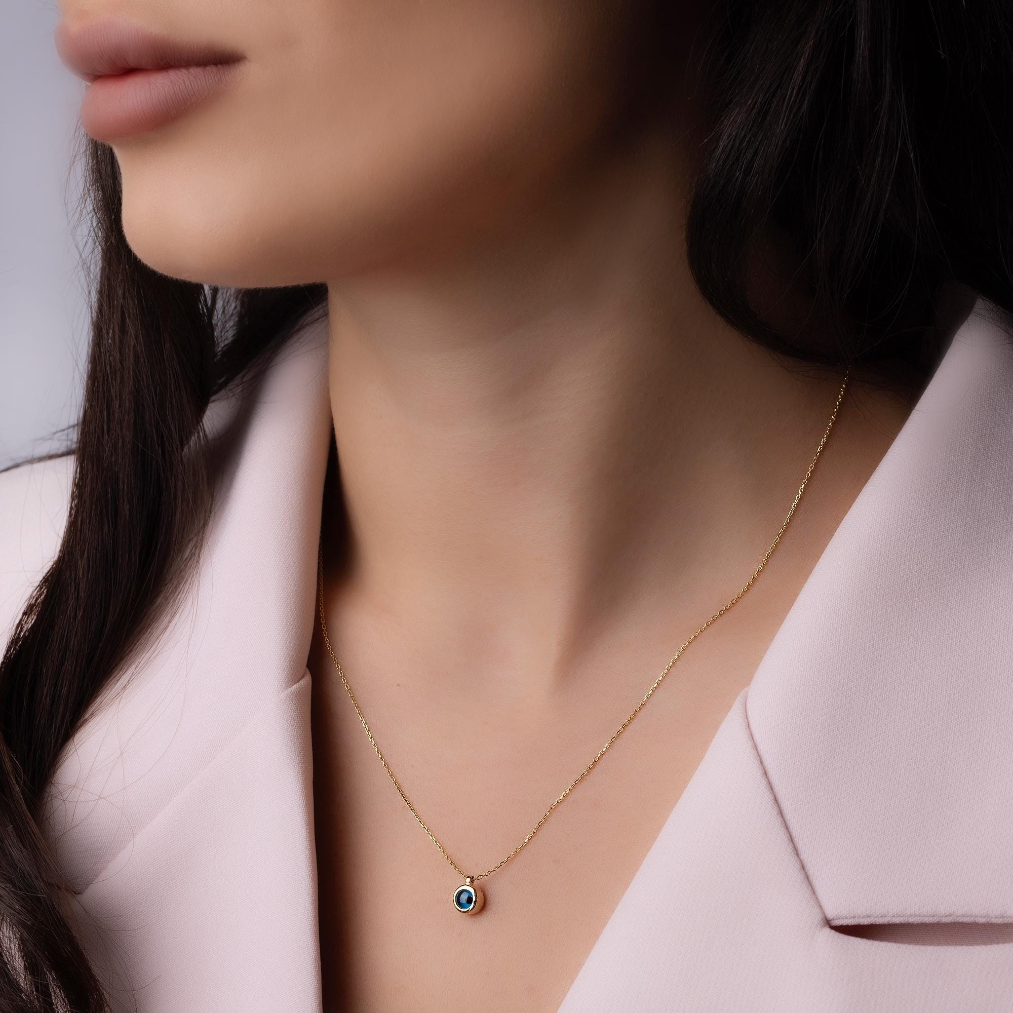 14K Solid Gold Blue Stone Necklace - Dainty Sapphire Pendant