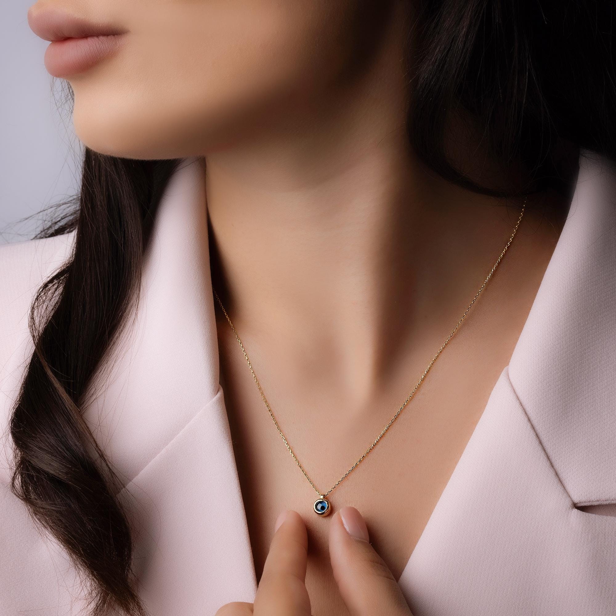 14K Solid Gold Blue Stone Necklace - Dainty Sapphire Pendant