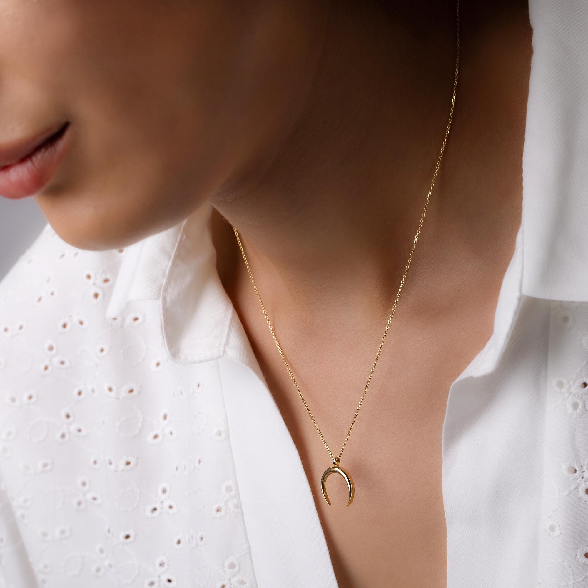 14K Solid Gold Crescent Moon Necklac - Real Gold Lunar Pendant