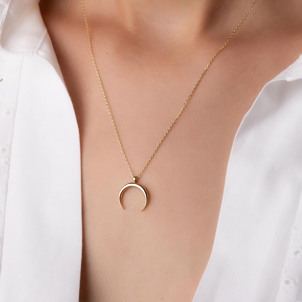 14K Solid Gold Crescent Moon Necklac - Real Gold Lunar Pendant