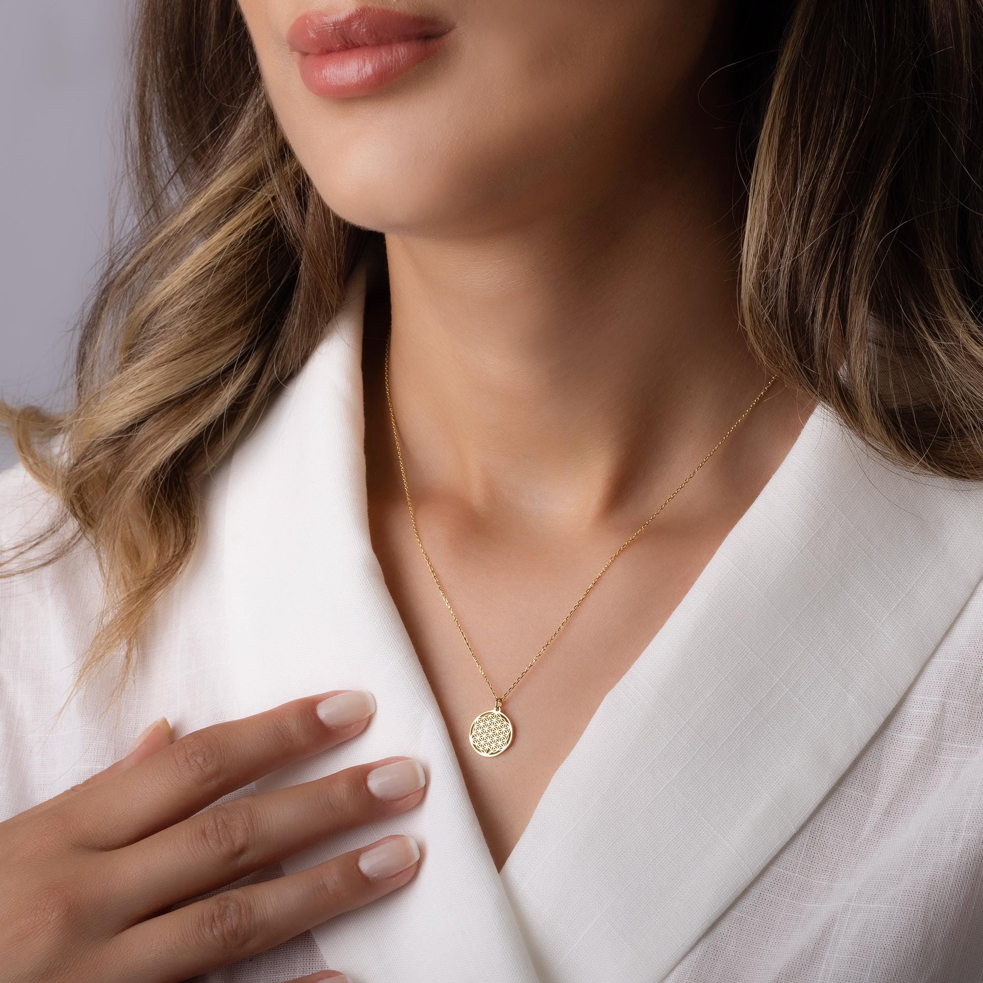 14K Solid Gold Flower of Life Necklace - Sacred Geometry Pendant