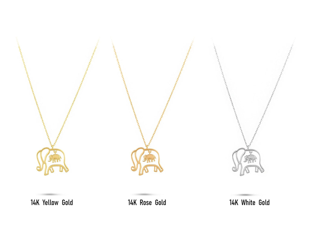 14K Solid Gold Elephant Necklace - Real Gold Animal Pendant