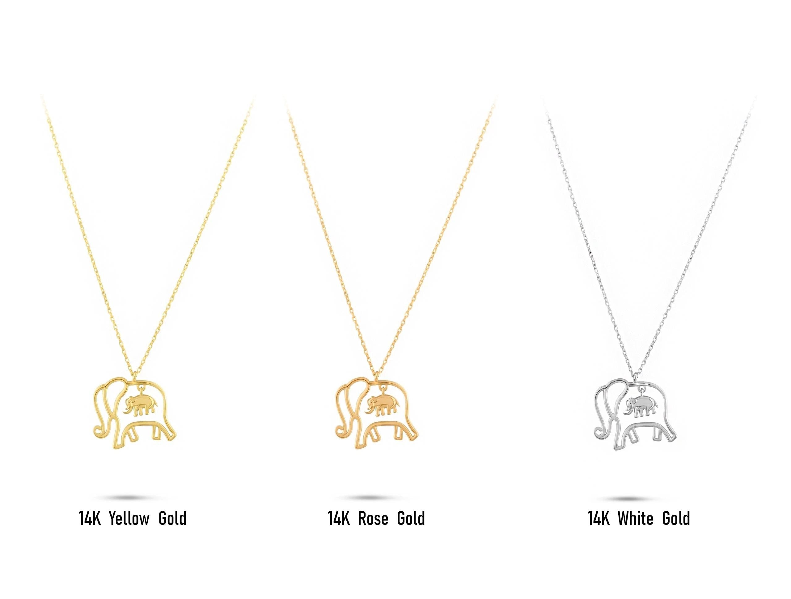 14K Solid Gold Elephant Necklace - Real Gold Animal Pendant