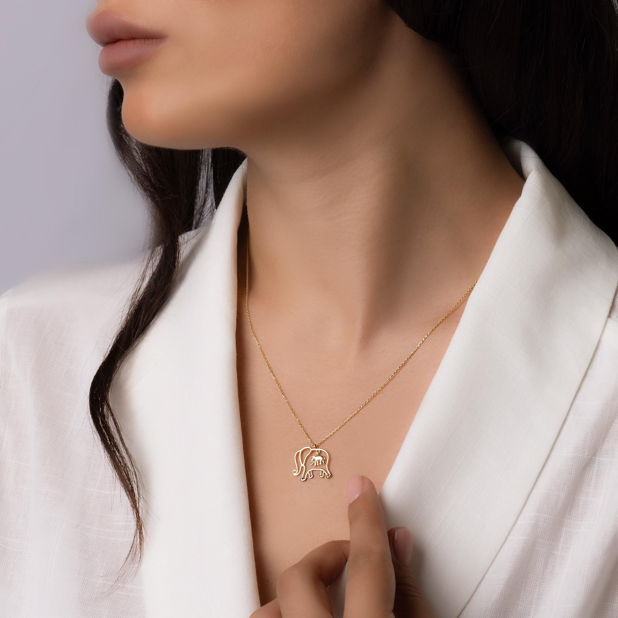 14K Solid Gold Elephant Necklace - Real Gold Animal Pendant