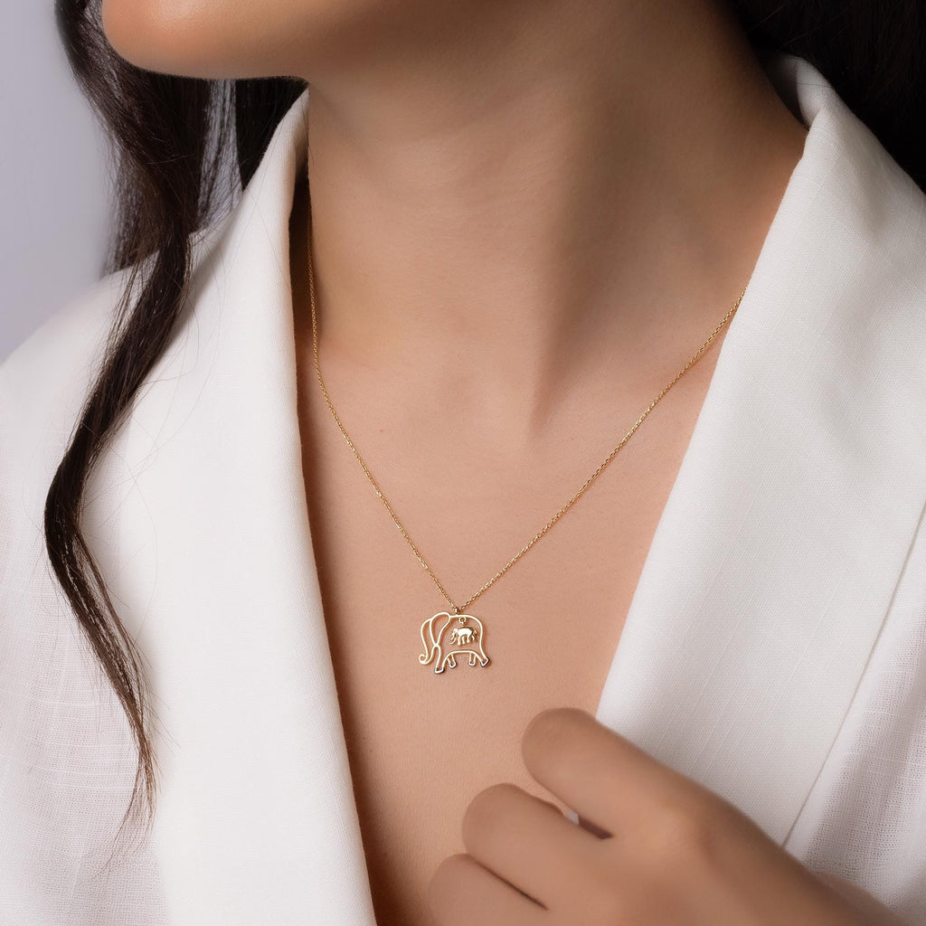 14K Solid Gold Elephant Necklace - Real Gold Animal Pendant
