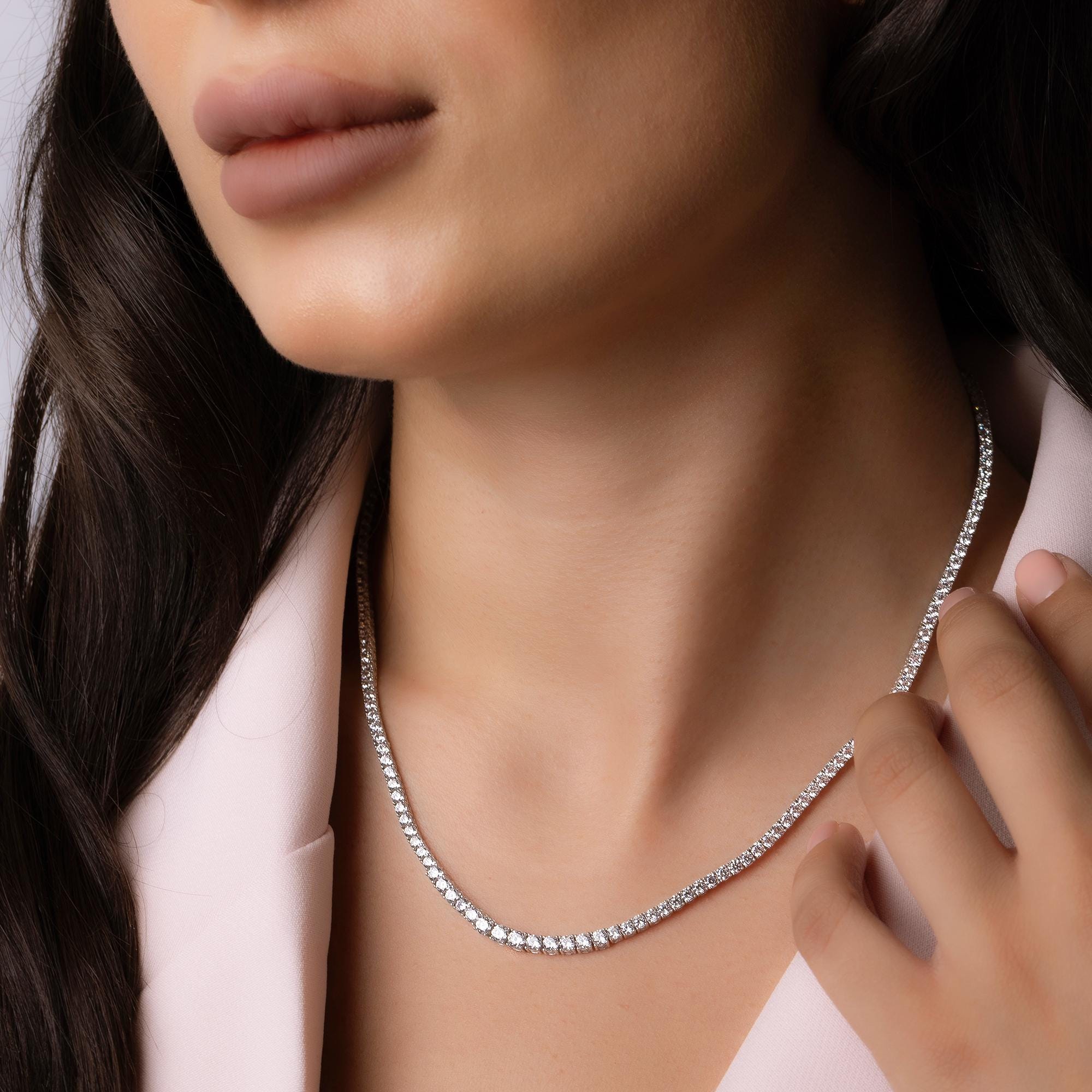 14K Solid Gold Diamond Tennis Necklace - Dainty Gold Chain with CZ Stones