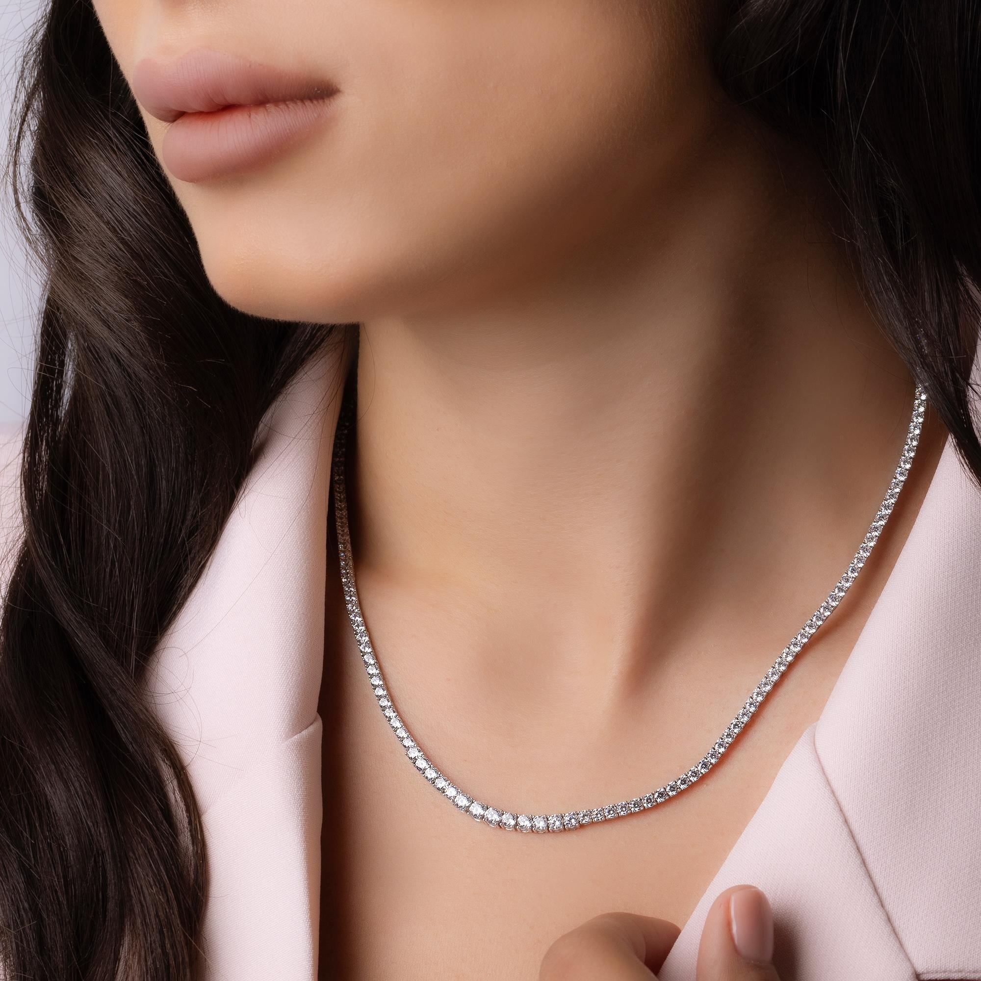 14K Solid Gold Diamond Tennis Necklace - Dainty Gold Chain with CZ Stones