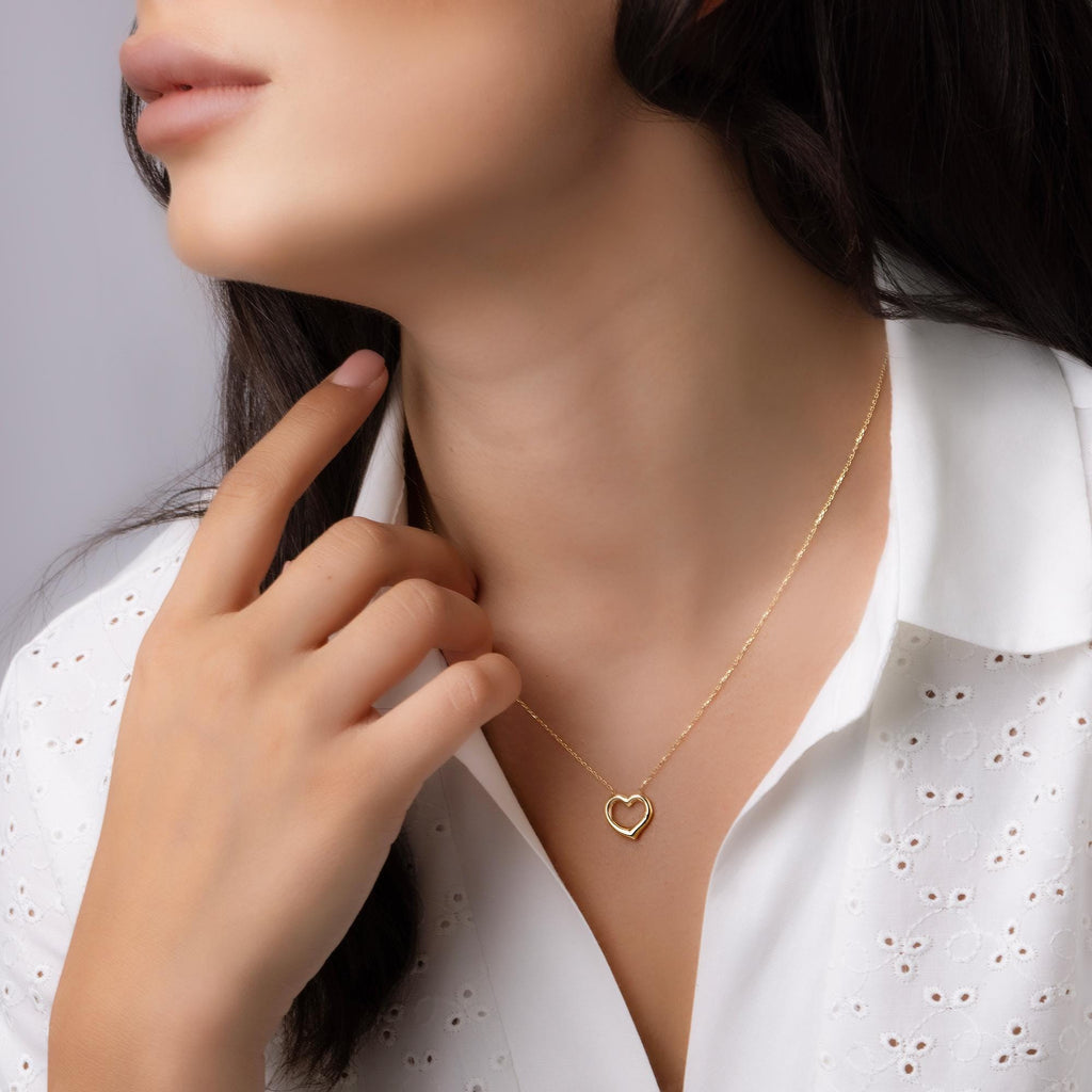 14K Solid Gold Open Heart Necklace - Real Gold Minimalist Pendant