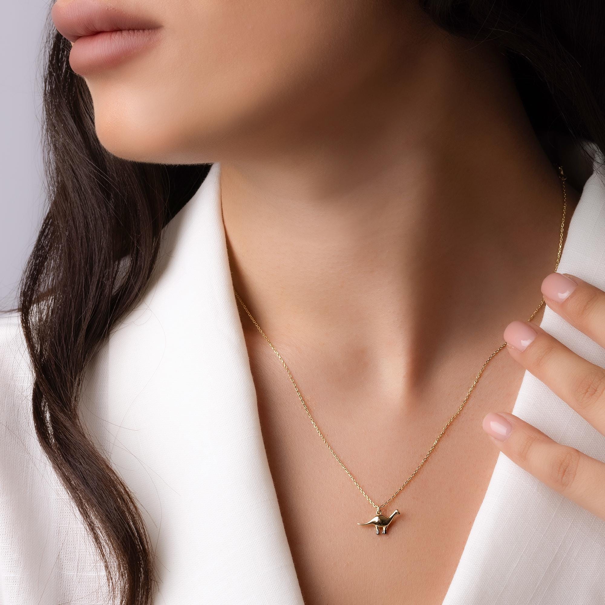 14K Solid Gold Dinosaur Necklace - Minimalist Dino Pendant