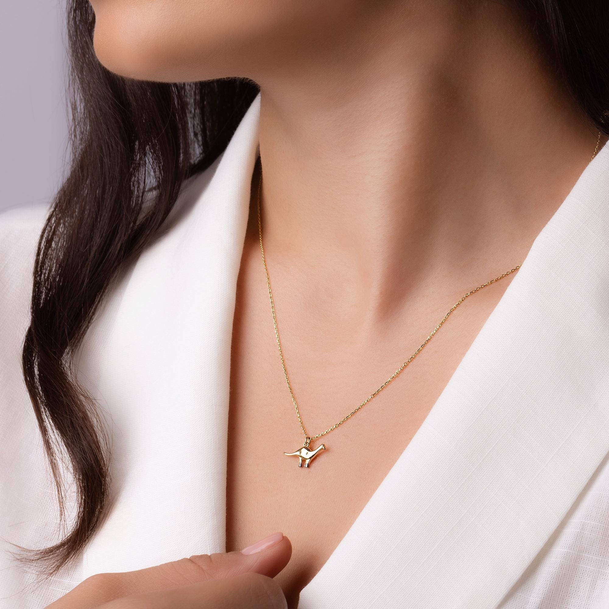 14K Solid Gold Dinosaur Necklace - Minimalist Dino Pendant