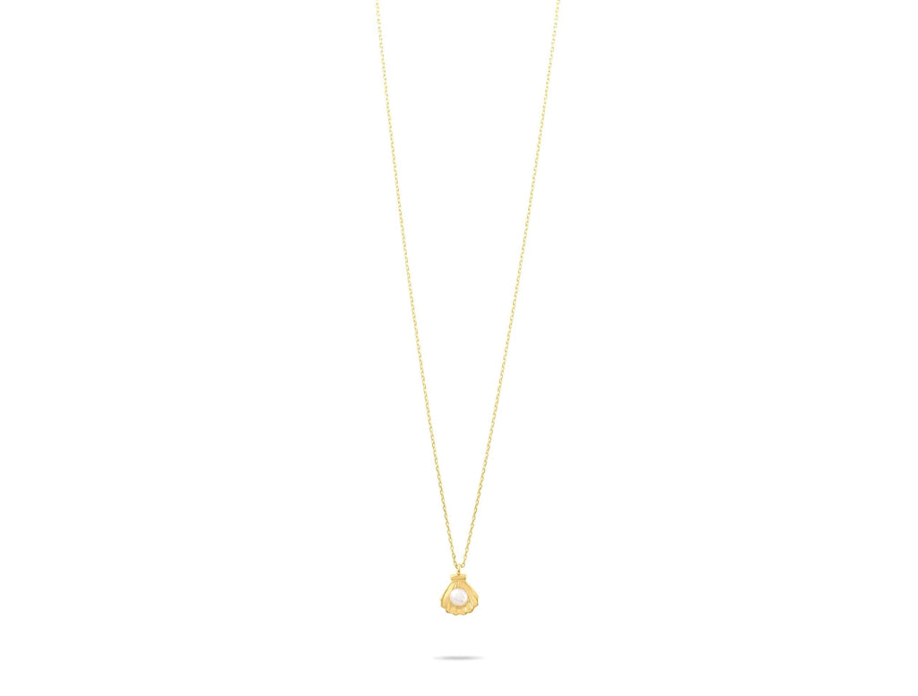 14K Solid Gold Seashell Pearl Necklace - Real Gold Shell Pendant