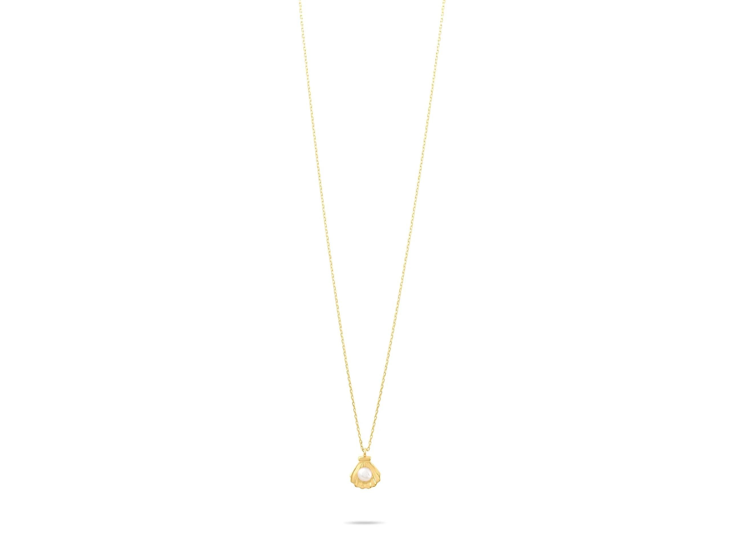 14K Solid Gold Seashell Pearl Necklace - Real Gold Shell Pendant