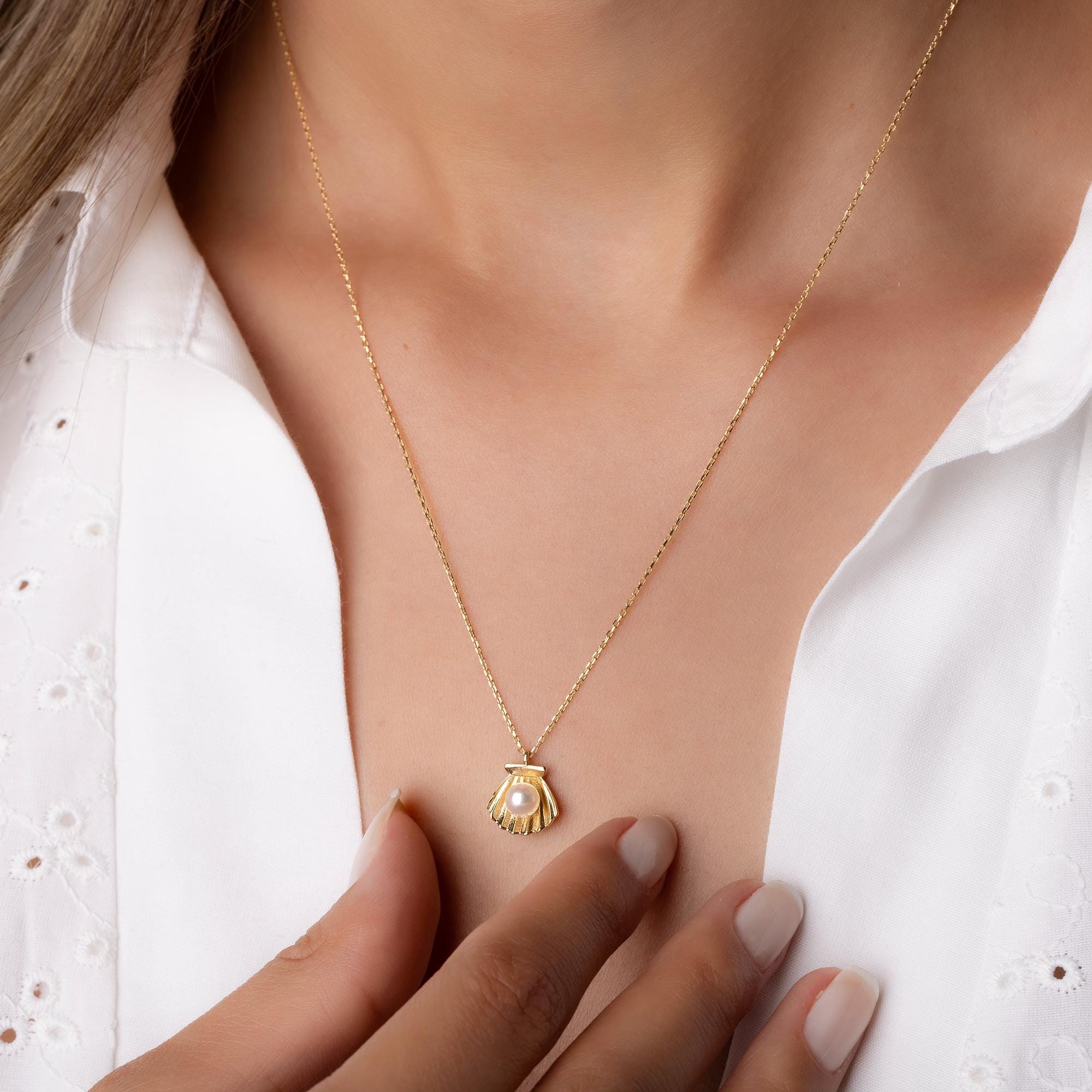 14K Solid Gold Seashell Pearl Necklace - Real Gold Shell Pendant