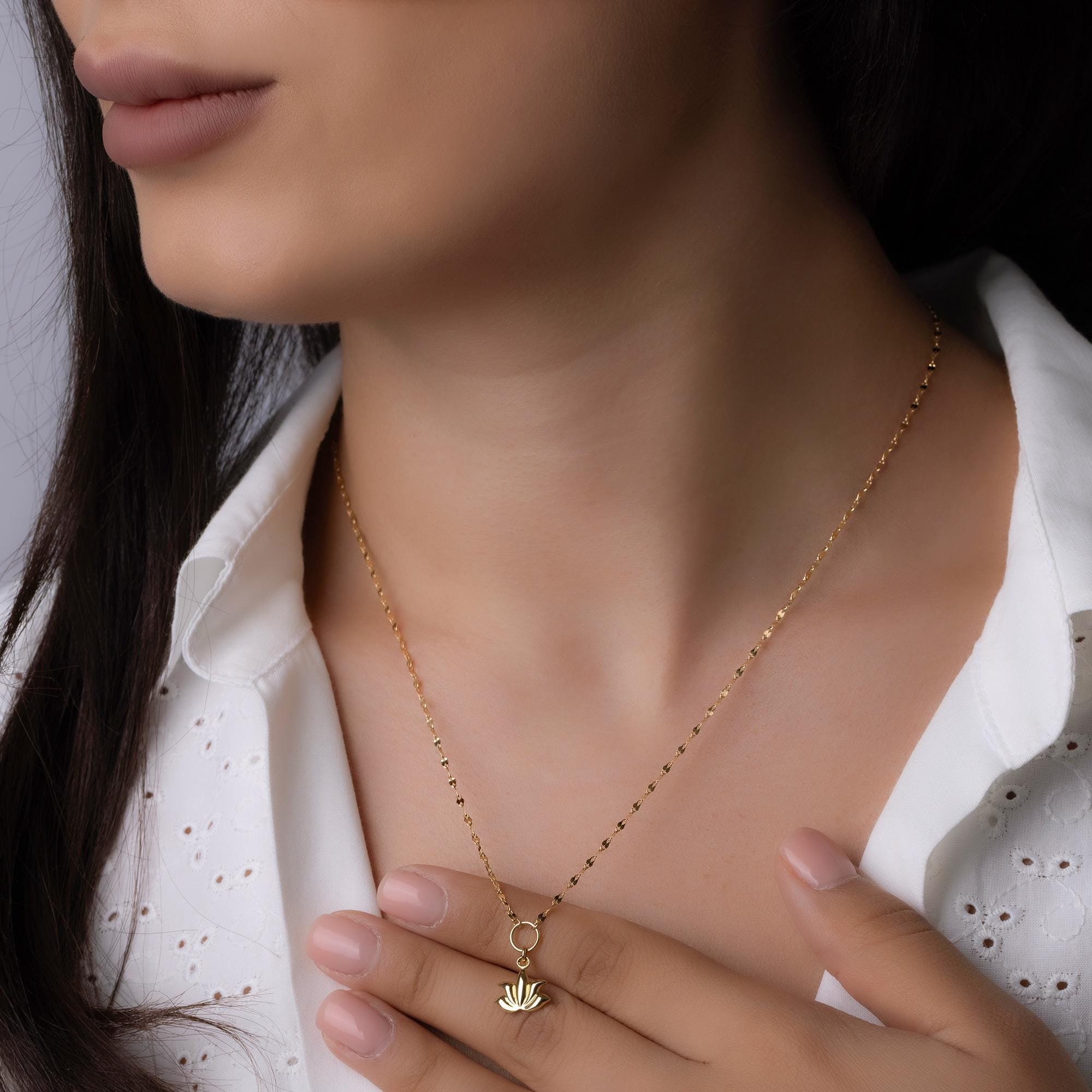 14K Solid Gold Lotus Flower Necklace - Spiritual Symbol Pendant