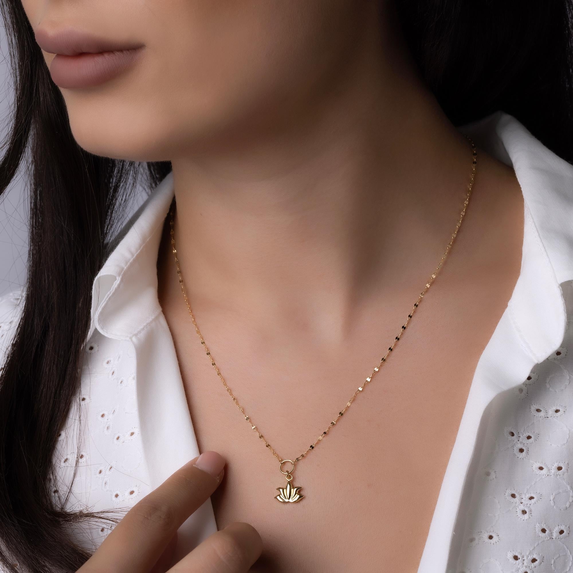 14K Solid Gold Lotus Flower Necklace - Spiritual Symbol Pendant