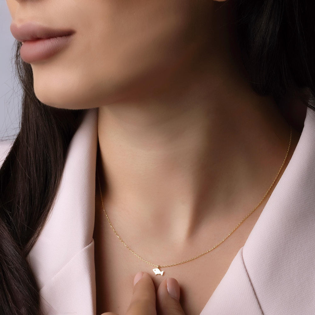 14K Solid Gold Fish Necklace - Minimalist Sea Pendant