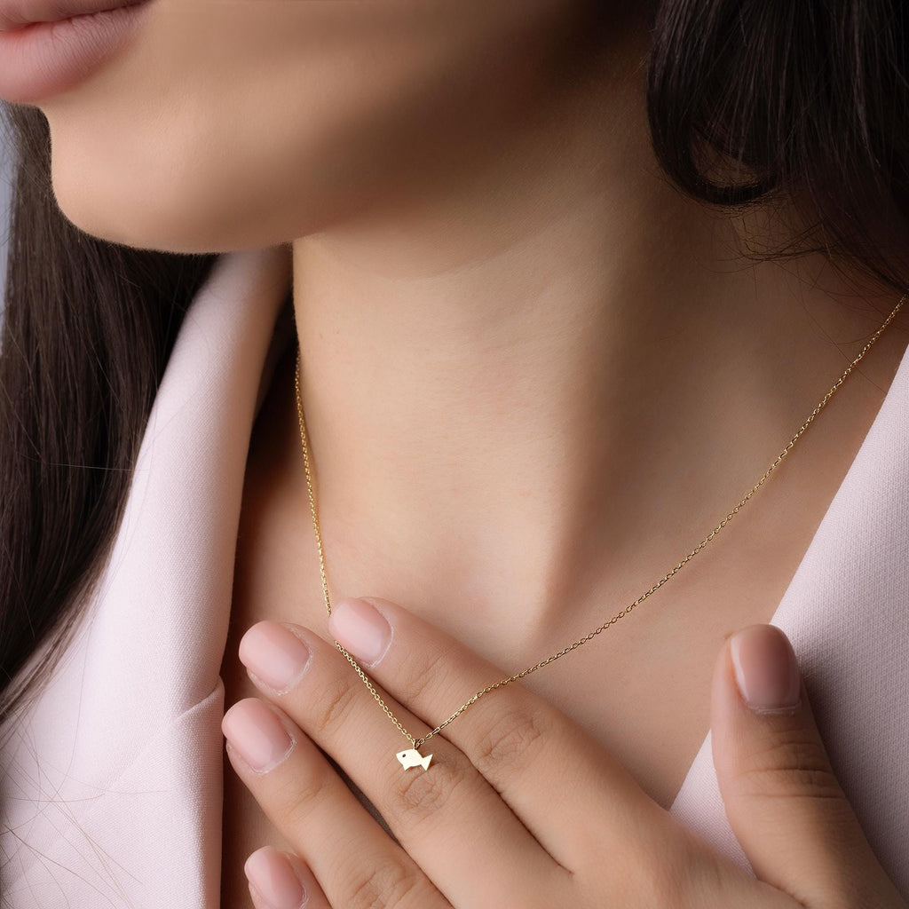 14K Solid Gold Fish Necklace - Minimalist Sea Pendant
