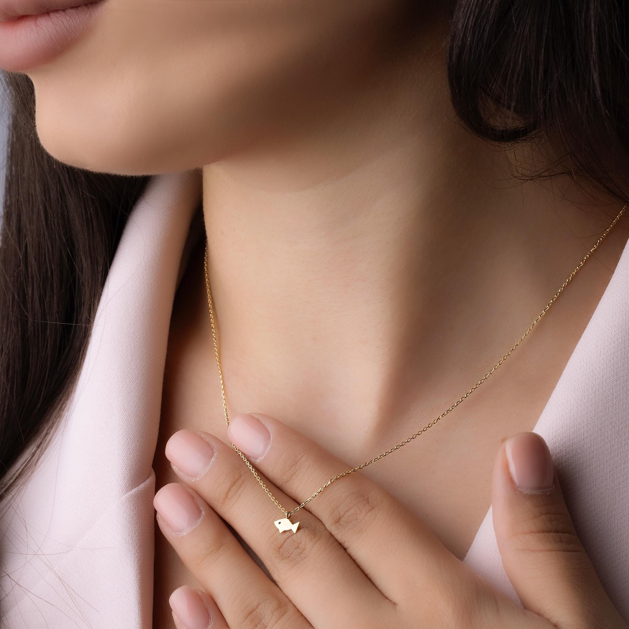 14K Solid Gold Fish Necklace - Minimalist Sea Pendant