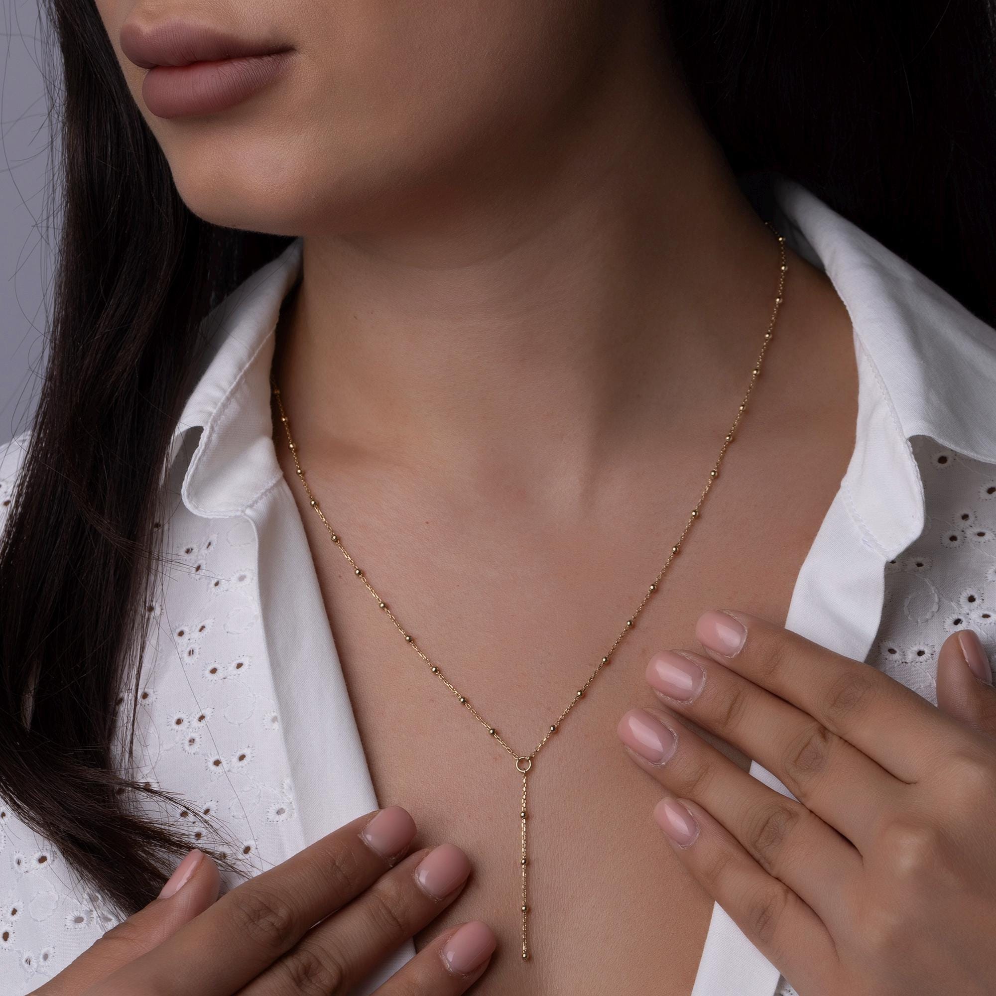 14K Solid Gold Beaded Y Necklace – Dainty Lariat Chain Jewelry