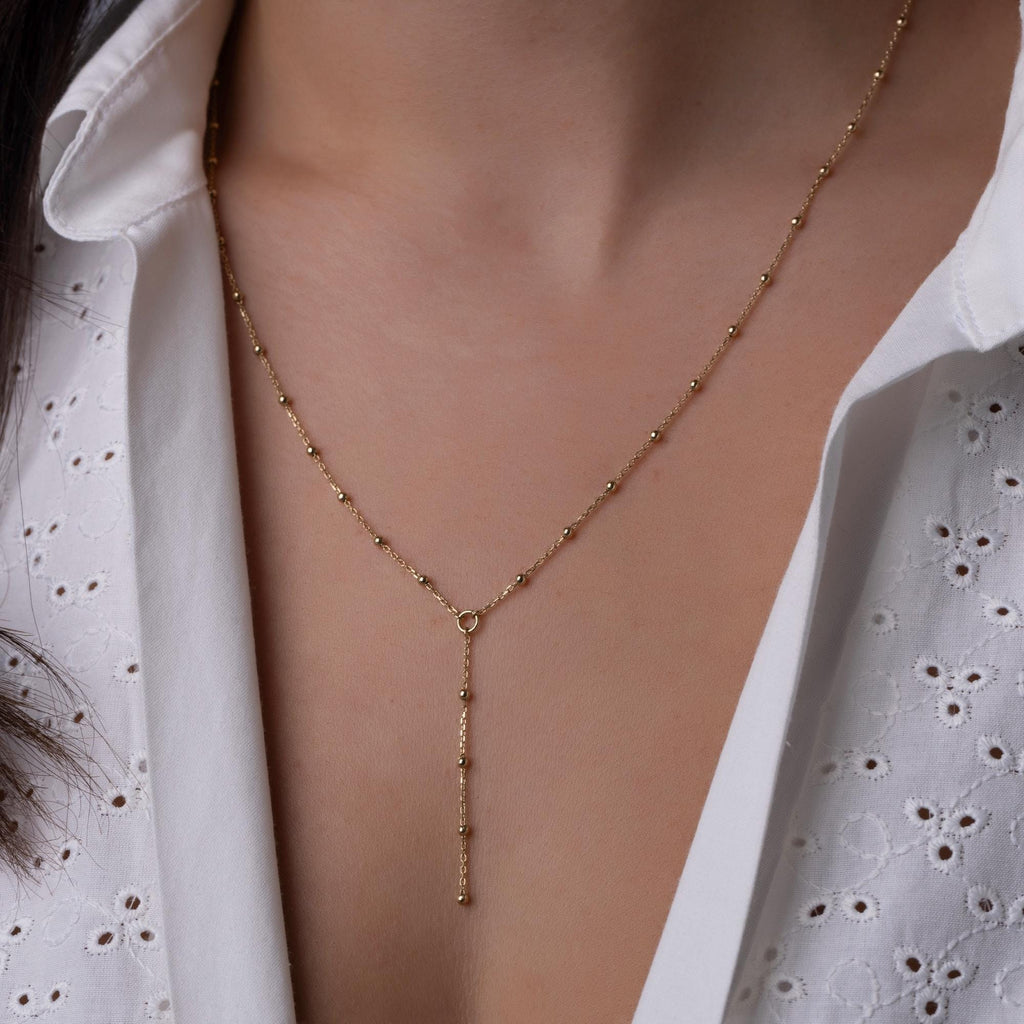 14K Solid Gold Beaded Y Necklace – Dainty Lariat Chain Jewelry