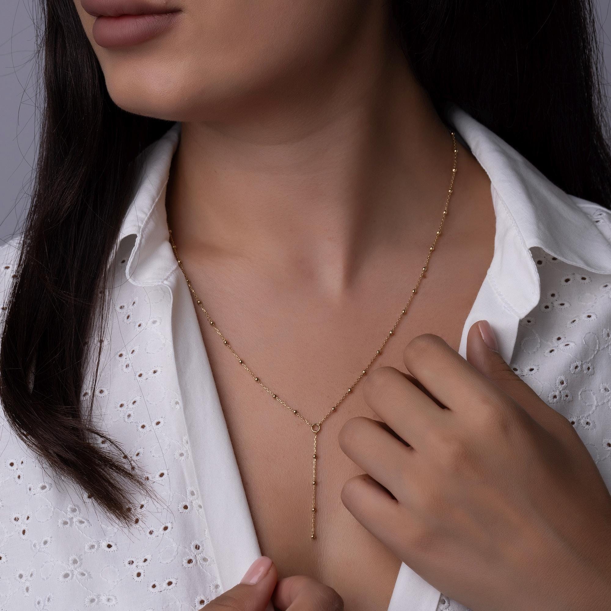 14K Solid Gold Beaded Y Necklace – Dainty Lariat Chain Jewelry