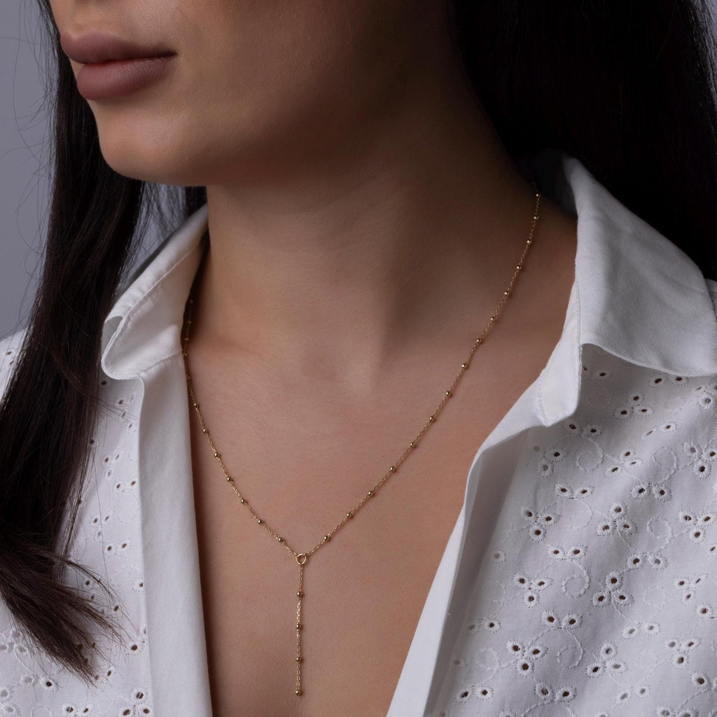 14K Solid Gold Beaded Y Necklace – Dainty Lariat Chain Jewelry