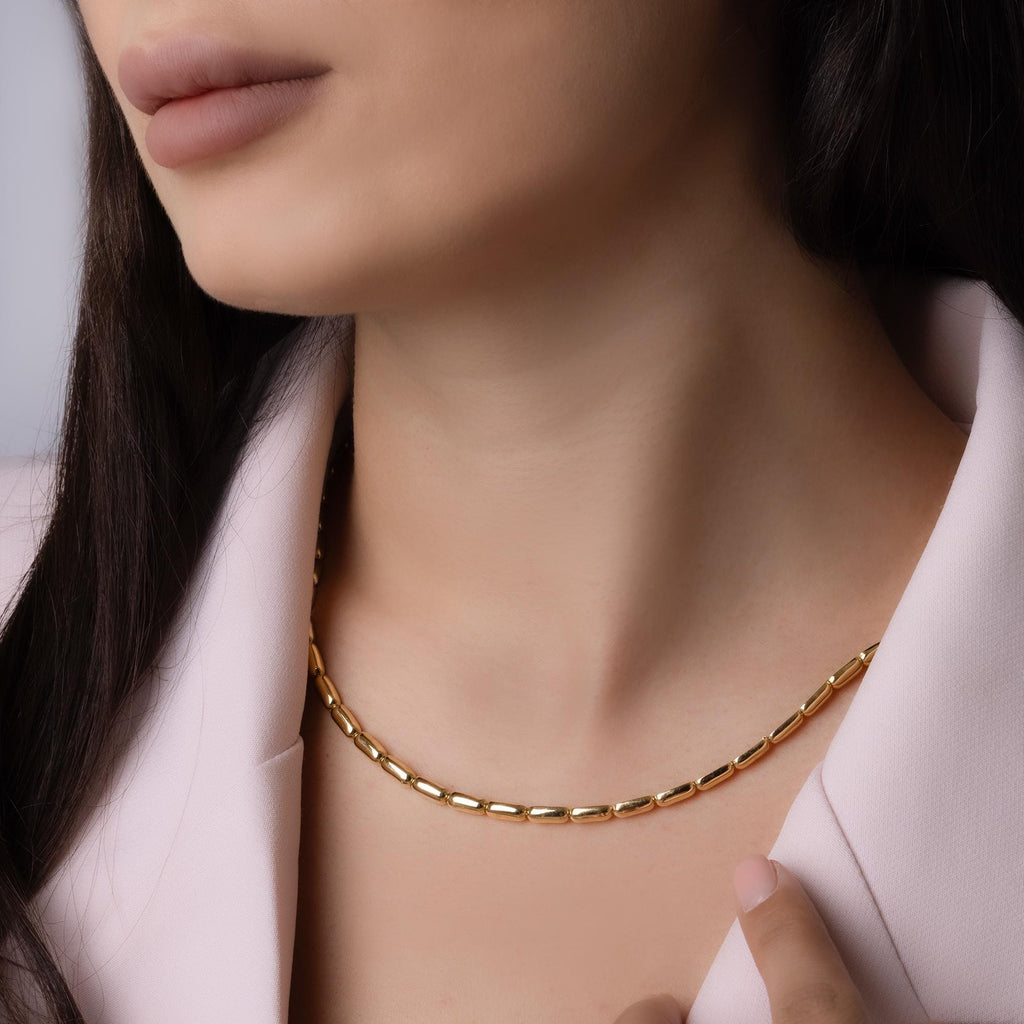 14K Solid Gold Tube Link Necklace – 4mm Thick Statement Chain