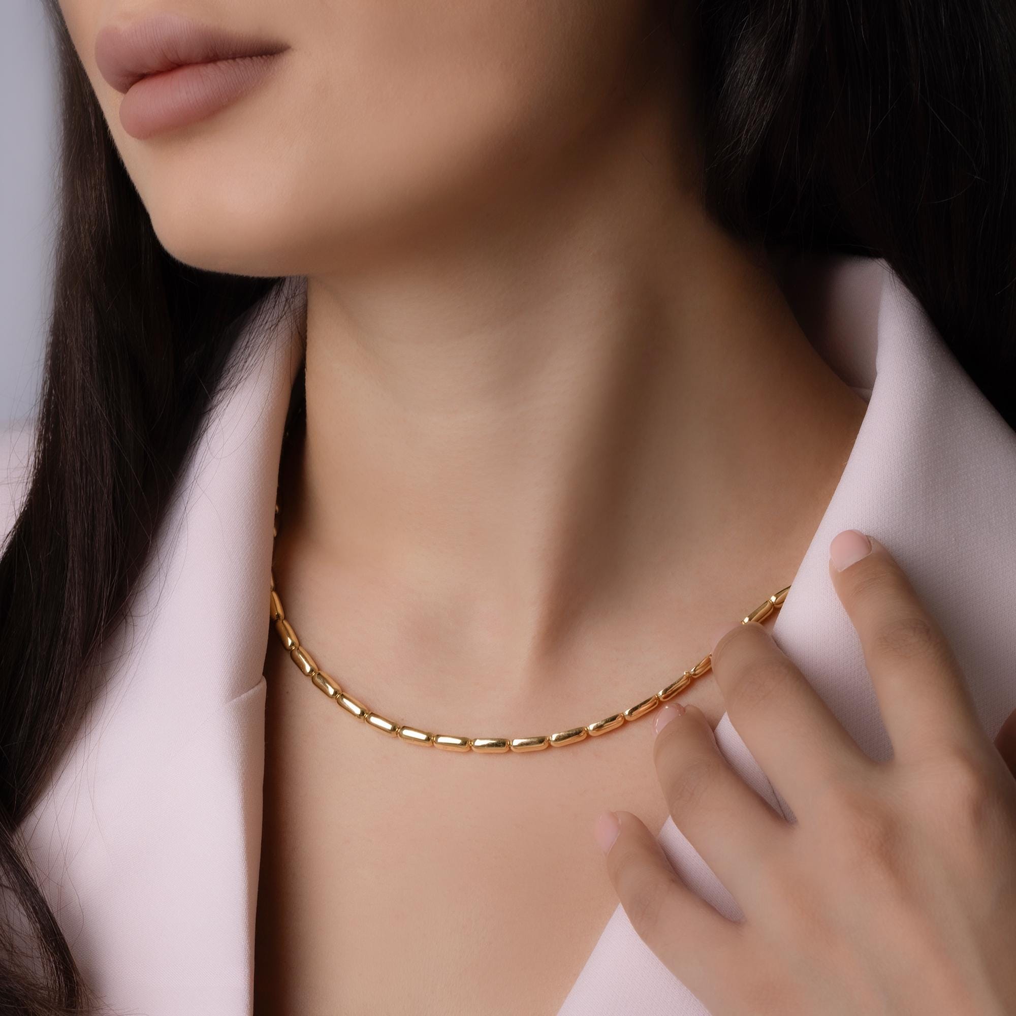 14K Solid Gold Tube Link Necklace – 4mm Thick Statement Chain