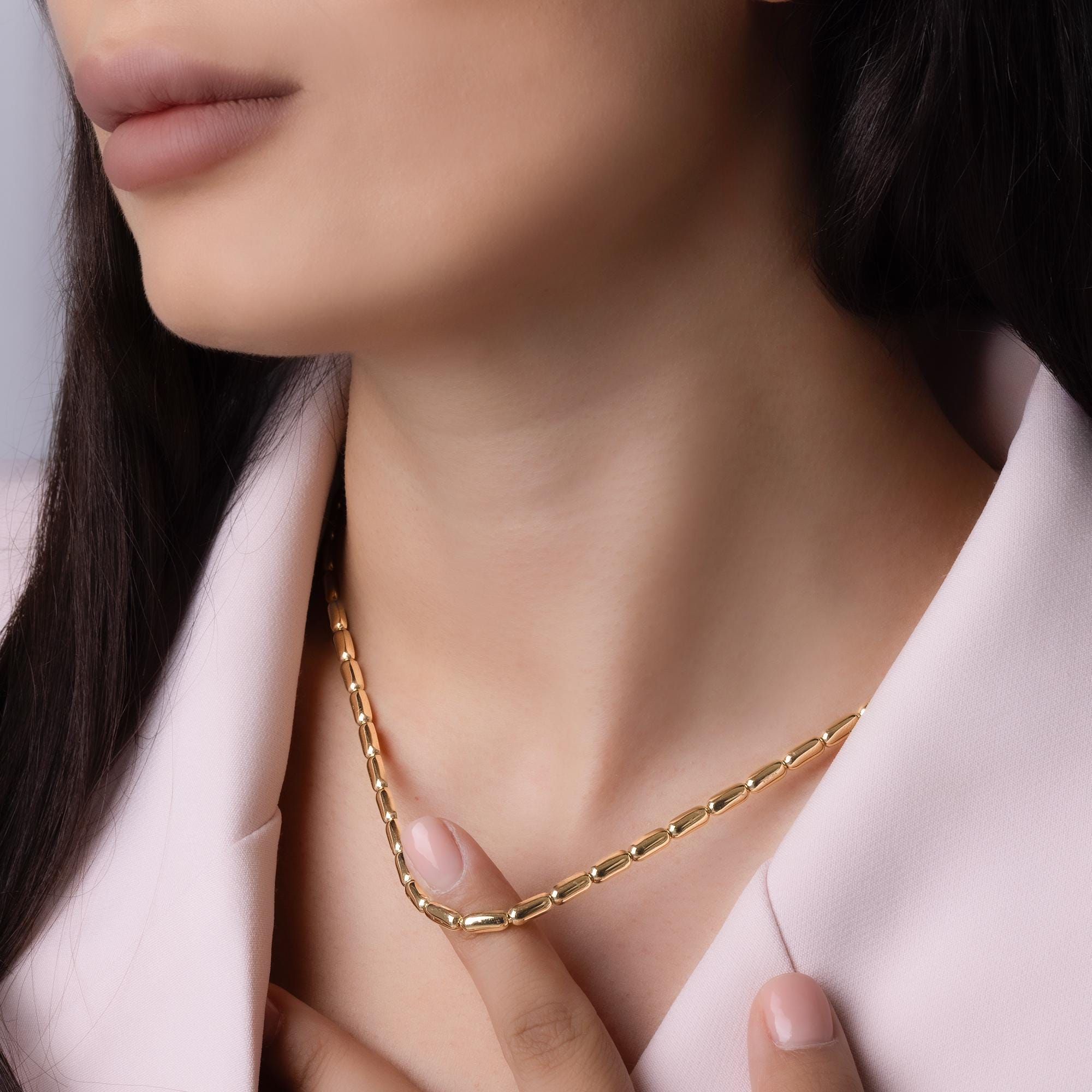 14K Solid Gold Tube Link Necklace – 4mm Thick Statement Chain